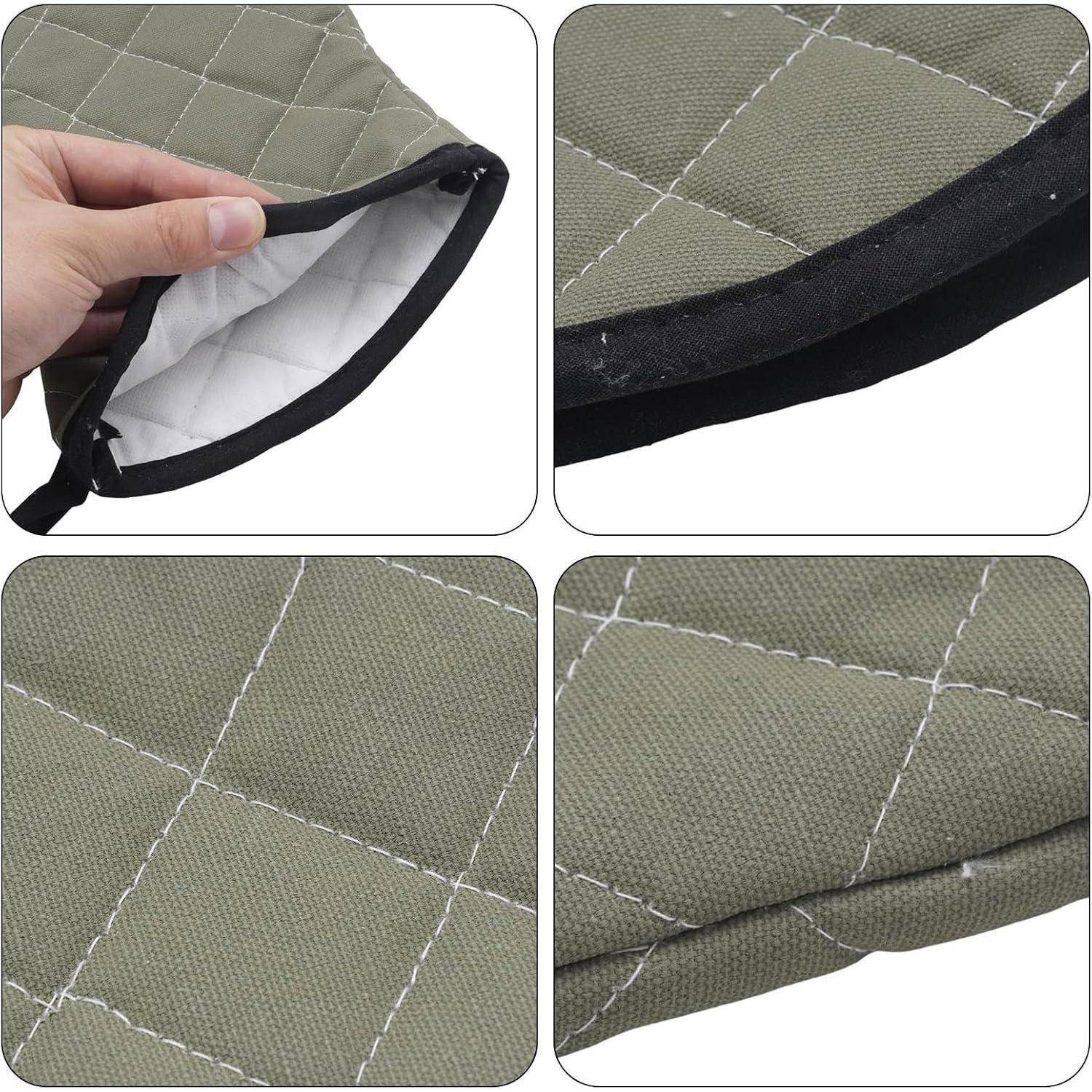 Nahaufnahmeproduktfotos einer gesteppten olivgrünen Stoffmatte mit schwarzer Einfassung, die Nähte, Kantenband und gefaltete Eckendetails zeigen.