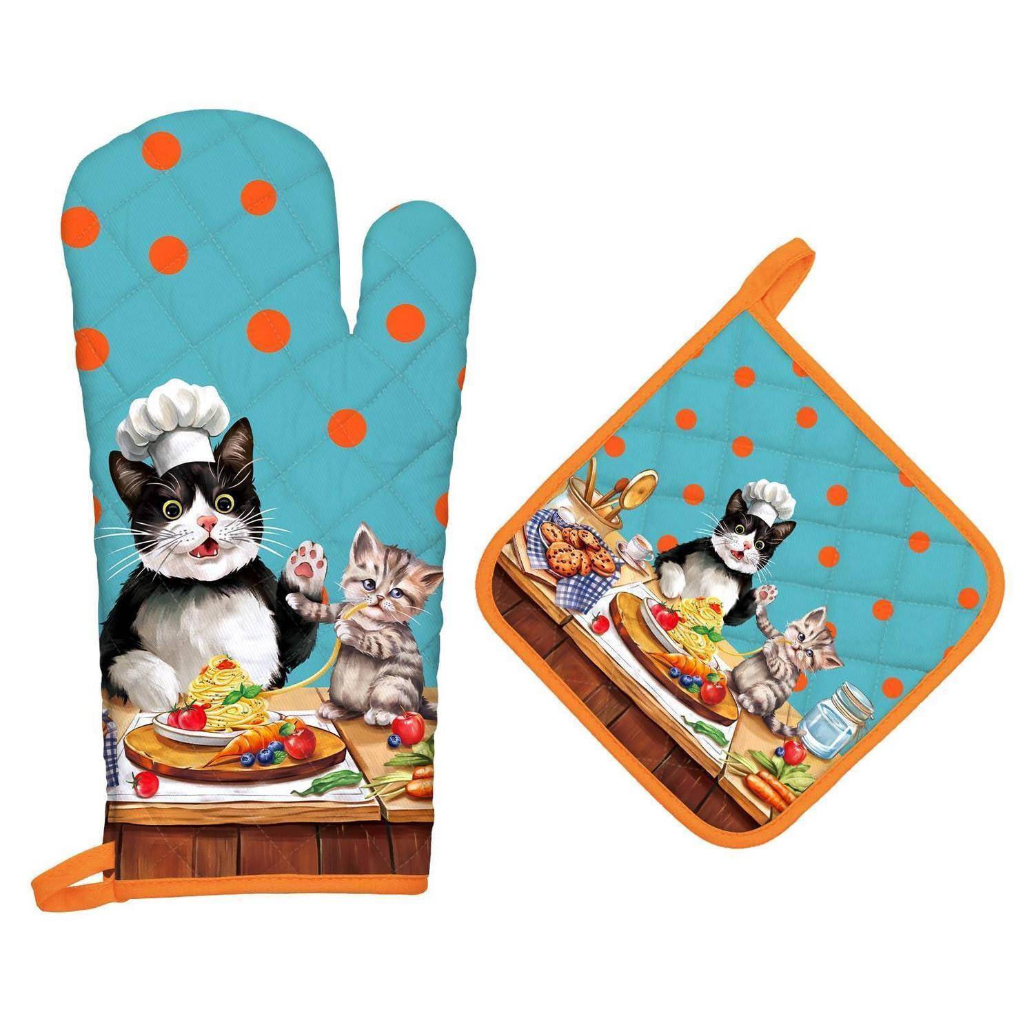 Ofenhandschuh und Topflappen 2er-Set Baumwolle Katze Motiv