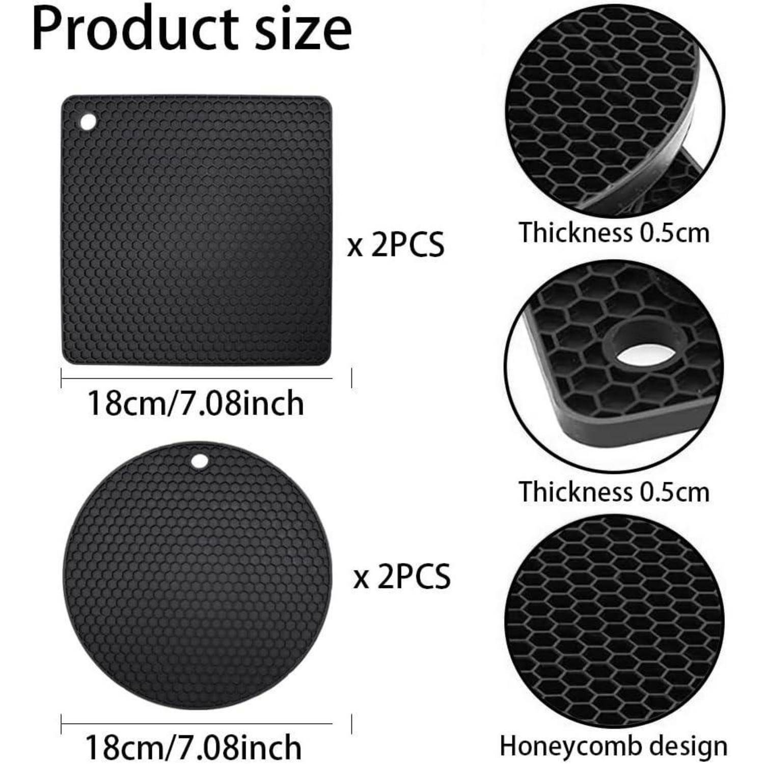 Produktgrößentabelle mit zwei schwarzen Wabenmuster-Matten von 18 cm, eine quadratisch und eine rund, jeweils 0,5 cm dick, mit je 2 Stück jeder Form.