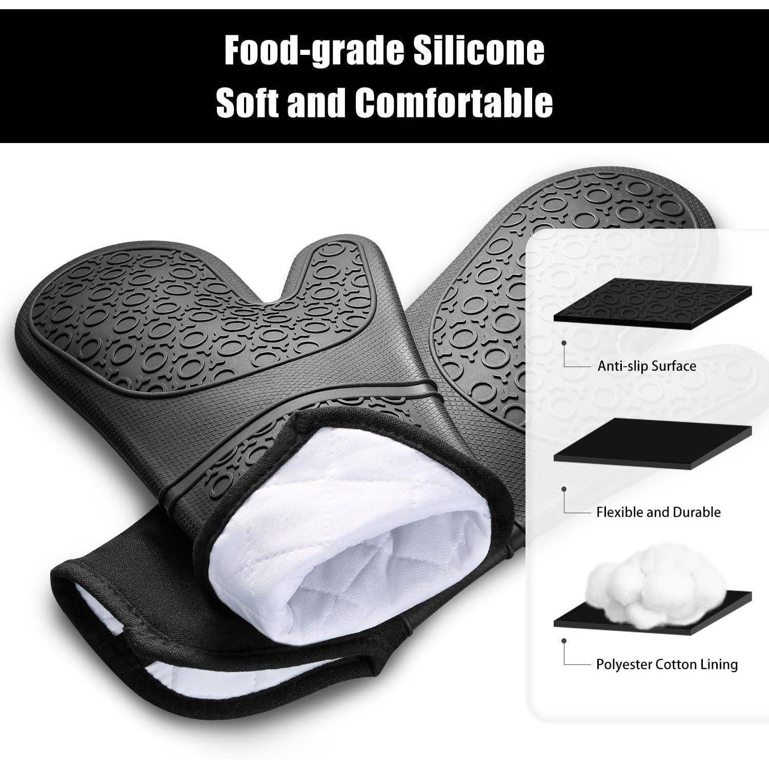 Lebensmittelecht Silikon-Ofenhandschuhe mit strukturierter rutschfester Oberfläche, flexiblem strapazierfähigem Design und Baumwoll-Polyester-Futter für Wärmeschutz.
