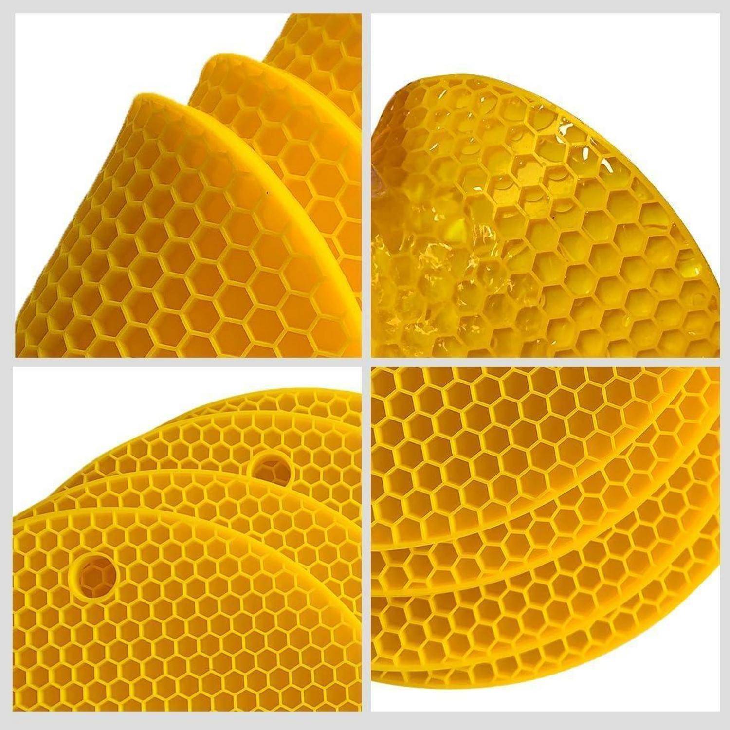 Nahaufnahme einer Collage aus leuchtend gelben, 3D-gedruckten Wabenmuster-Paneelen mit gebogener Oberfläche auf weißem Hintergrund.