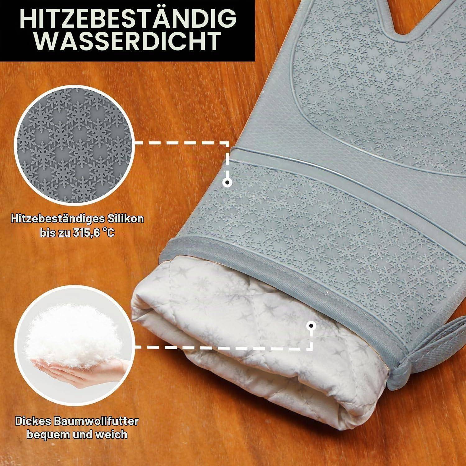 Produktfoto einer grauen Ofenhandschuh, der hitzebeständiges, wasserdichtes Silikon und eine dicke Baumwollfütterung zeigt; deutscher Text sagt „HITZEBESTÄNDIG WASSERDICHT