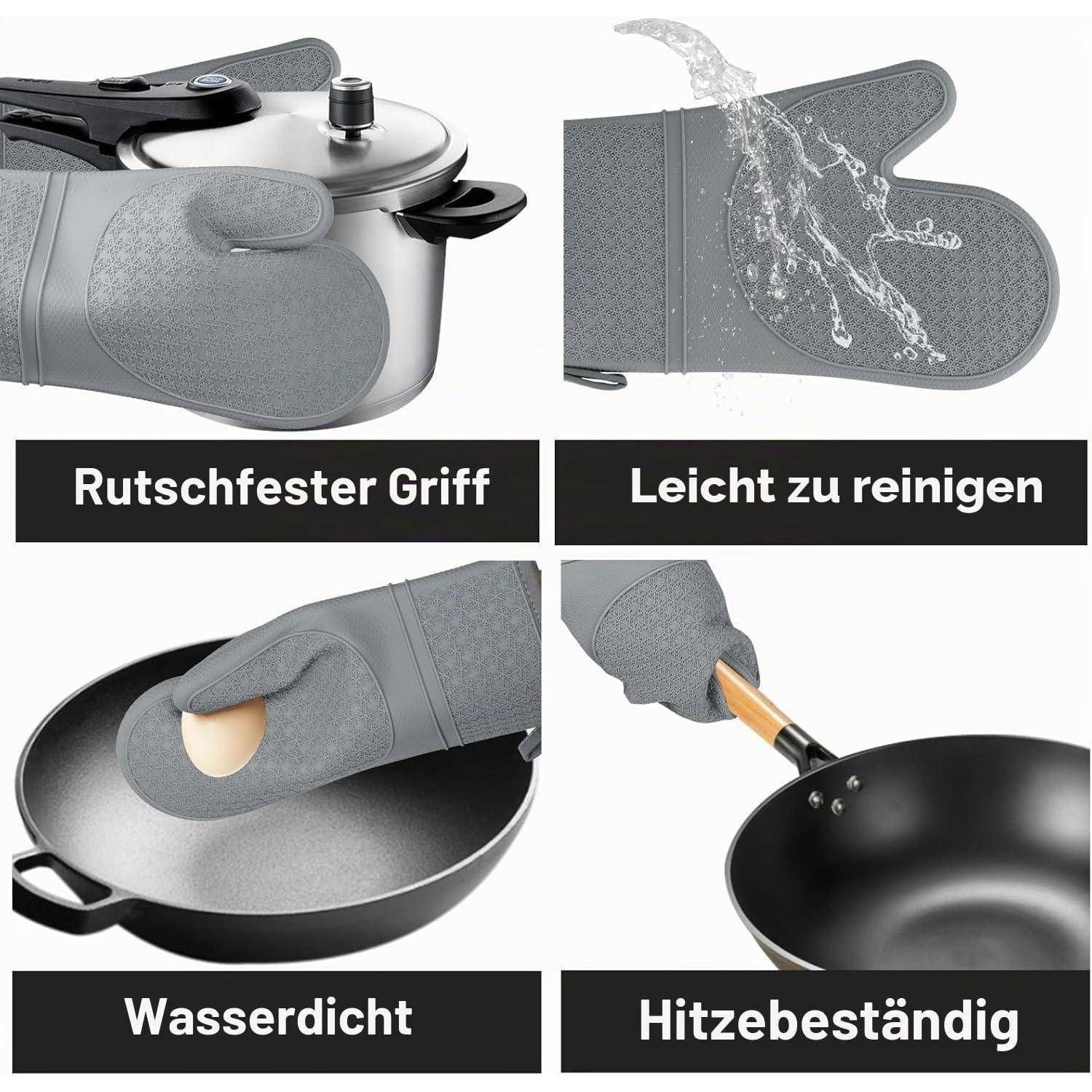 Vierpanel-Produktgrafik eines grauen Ofenhandschuhs mit Funktionen: rutschfester Griff, leicht zu reinigen, wasserdicht und hitzebeständig.