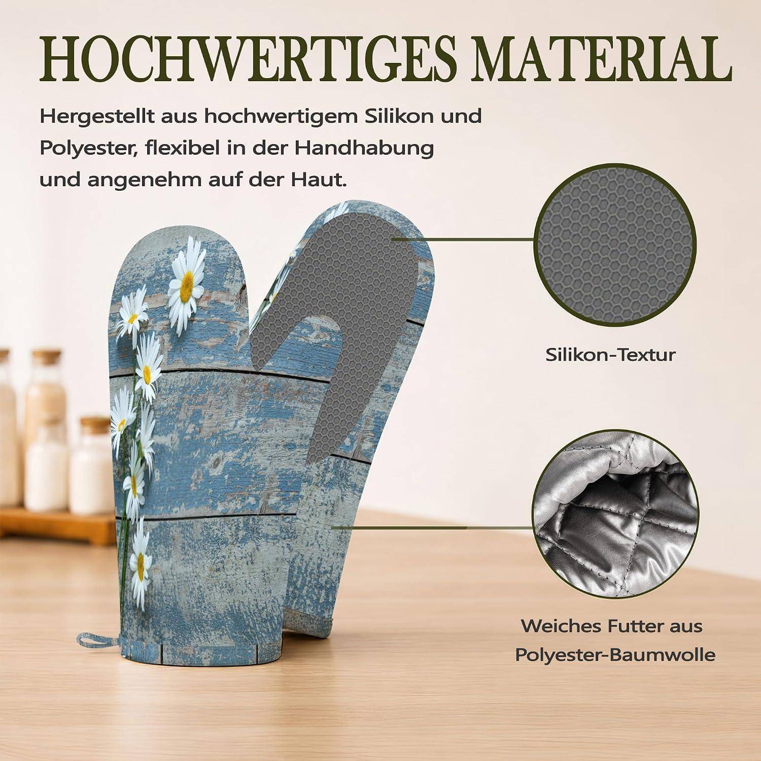 Deutsches Produktgrafik mit gemustertem Ofenhandschuh mit Hinweisen auf 