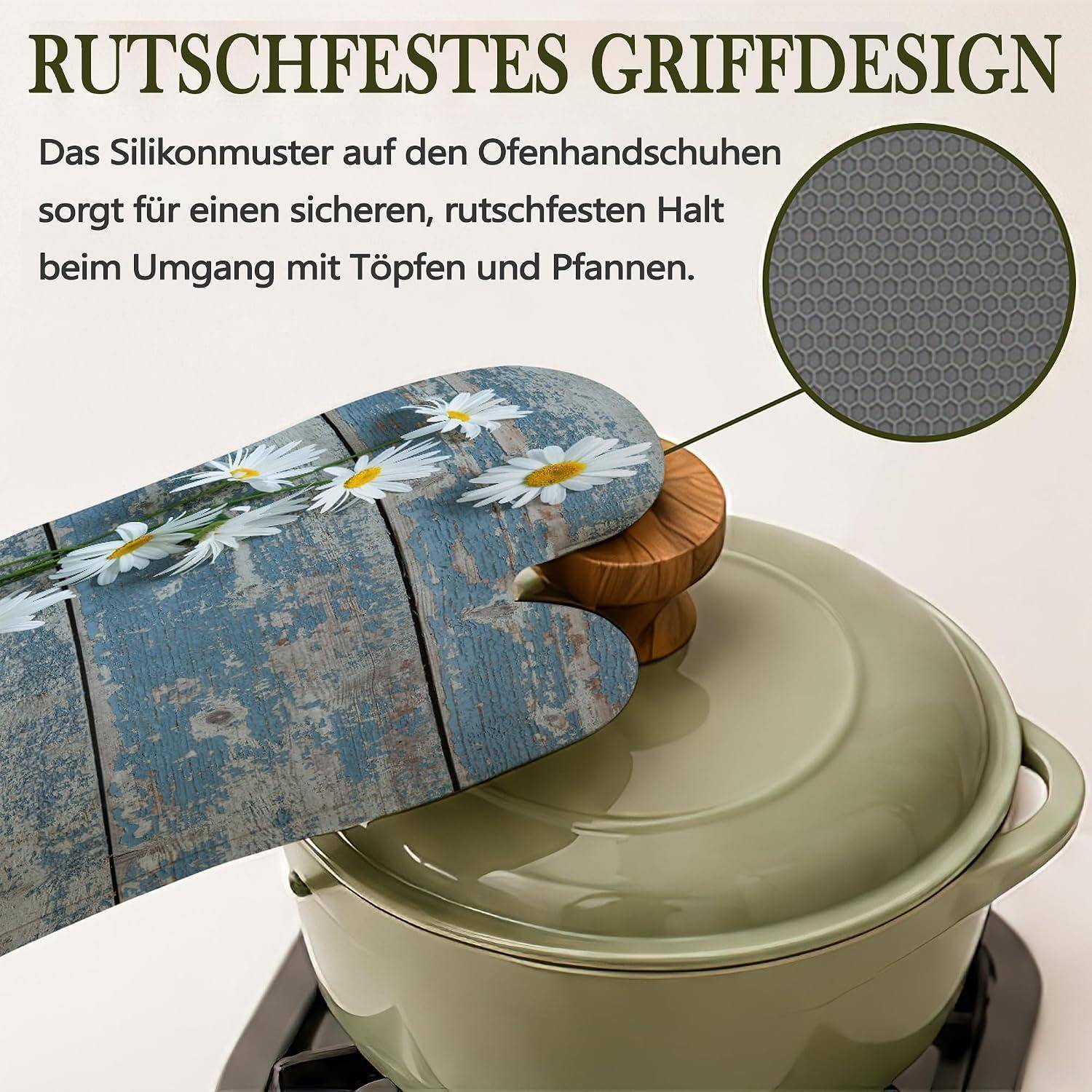 Ofenhandschuh greift einen Topfdeckel mit Nahaufnahme des Silikongriffmusters; deutscher Text sagt 