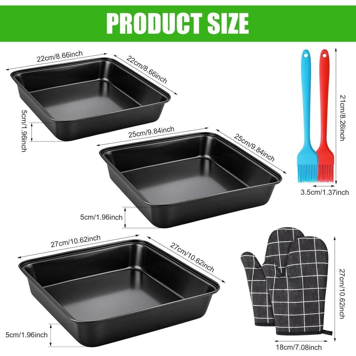 Größentabelle für Produkte mit drei quadratischen Backformen mit Abmessungen, plus einem Backpinsel und Ofenhandschuhen mit ihren Messwerten.