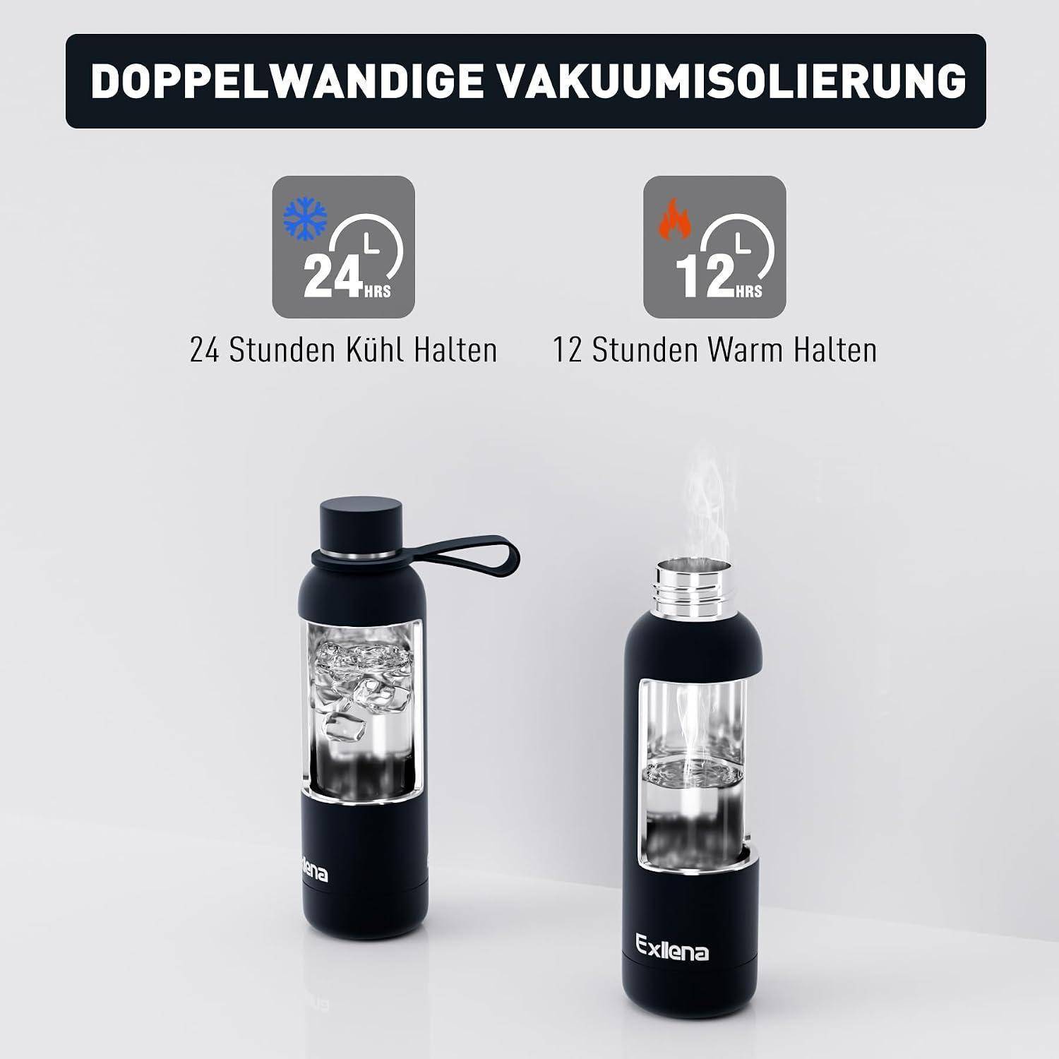 Exllena Edelstahl Trinkflasche 500ml 24h Kalt/12h Warm Schwarz