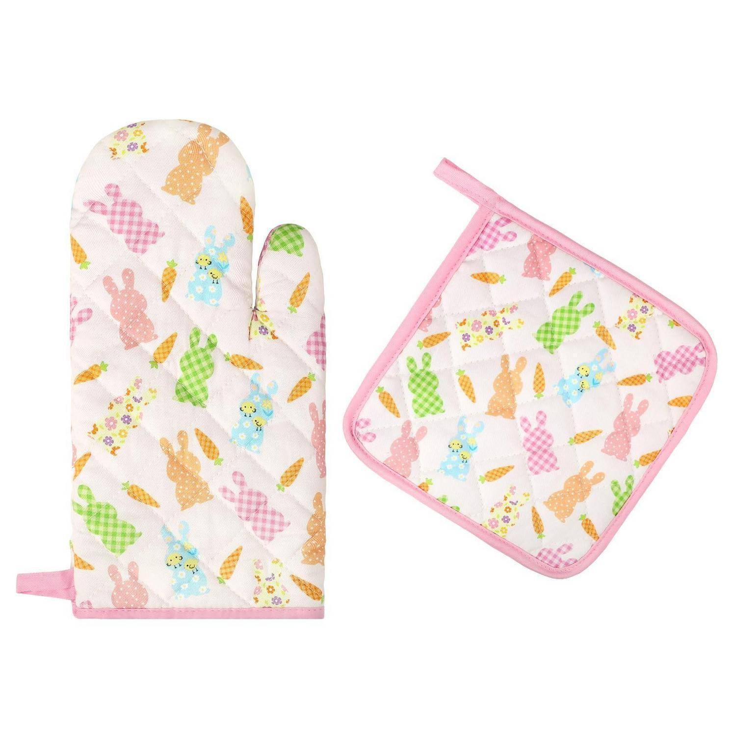 Ofenhandschuh und Topflappen 2er-Set Baumwolle Hase-Motiv