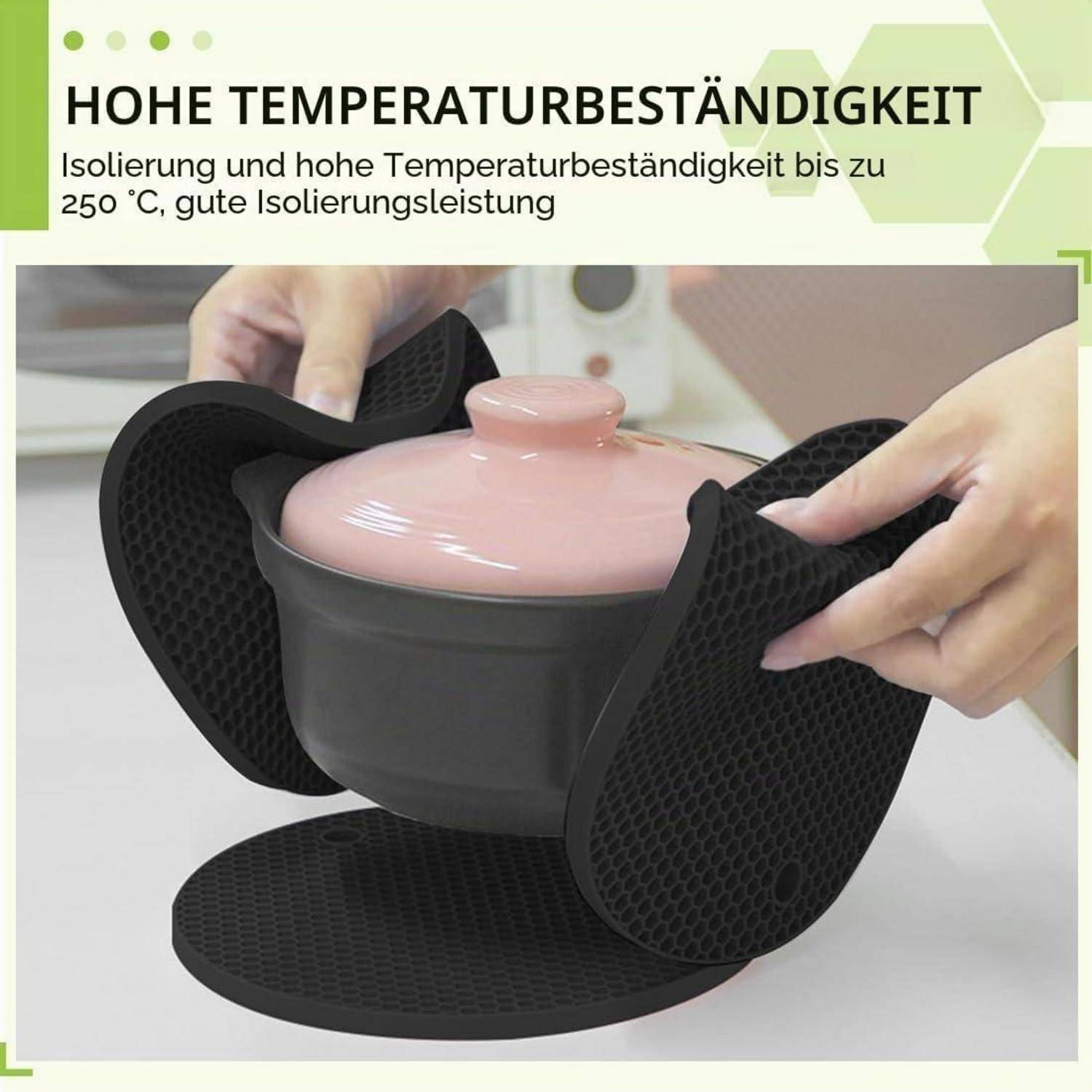 Deutsches Angebot, das einen hitzebeständigen schwarzen Silikonofenhandschuh zeigt, der einen Topf mit rosa Deckel umhüllt, mit Text, der Isolierung bis 250°C beansprucht.