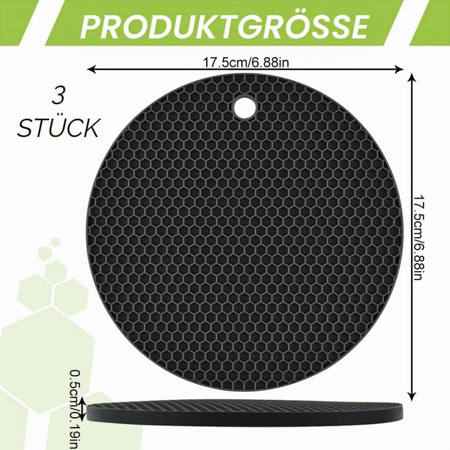 3er Set Topfuntersetzer Silikon Hitzebeständig bis 250°C Schwarz
