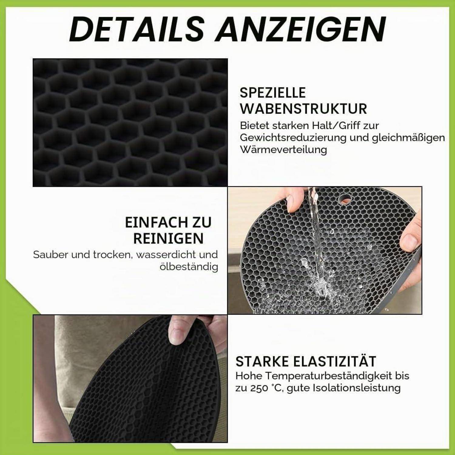 3er Set Topfuntersetzer Silikon Hitzebeständig bis 250°C Schwarz