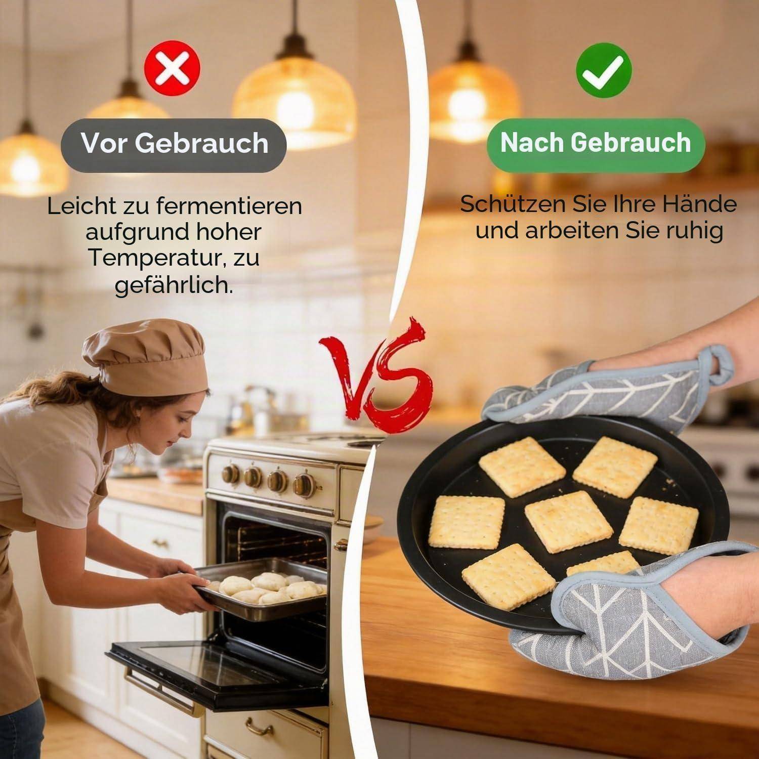 Geteiltes Bild zum Vergleich der Verwendung von Ofenhandschuhen: Links zeigt ein Bäcker, der ein heißes Tablett ohne Schutz hält, mit der Bezeichnung 