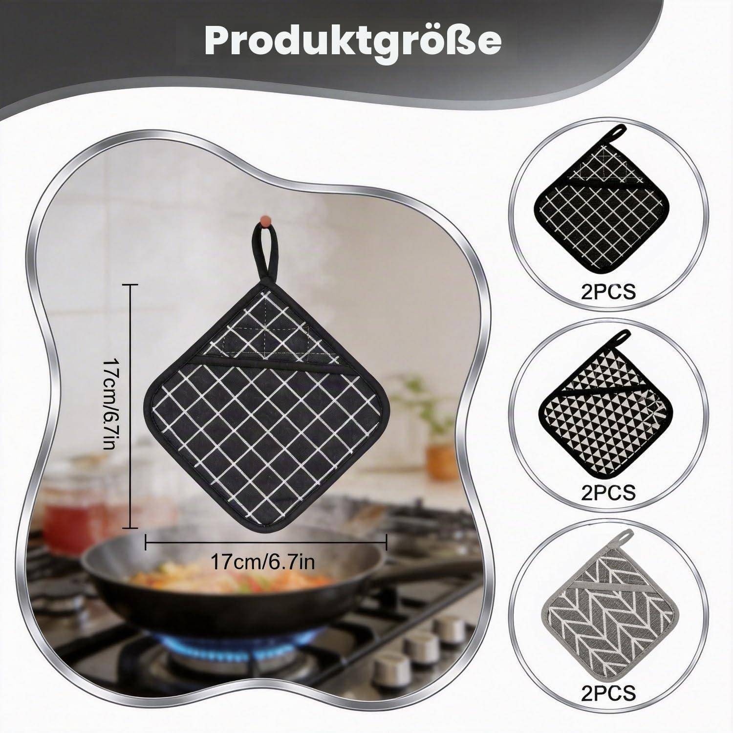 Produktgrößengrafik mit einem gesteppten quadratischen Topflappen, 17 cm × 17 cm, mit drei Farboptionen, jeweils mit der Bezeichnung „2 Stück