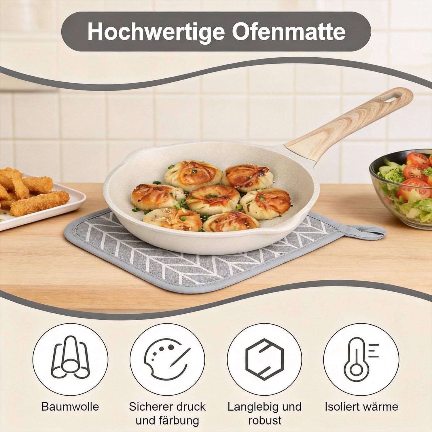 Werbebild einer Ofenmatte: weiße Pfanne auf grauer Matte auf Küchentisch, dazu Text 'Hochwertige Ofenmatte' und Symbole für Baumwolle, sicherer Druck, langlebig und robust, isoliert Wärme.
