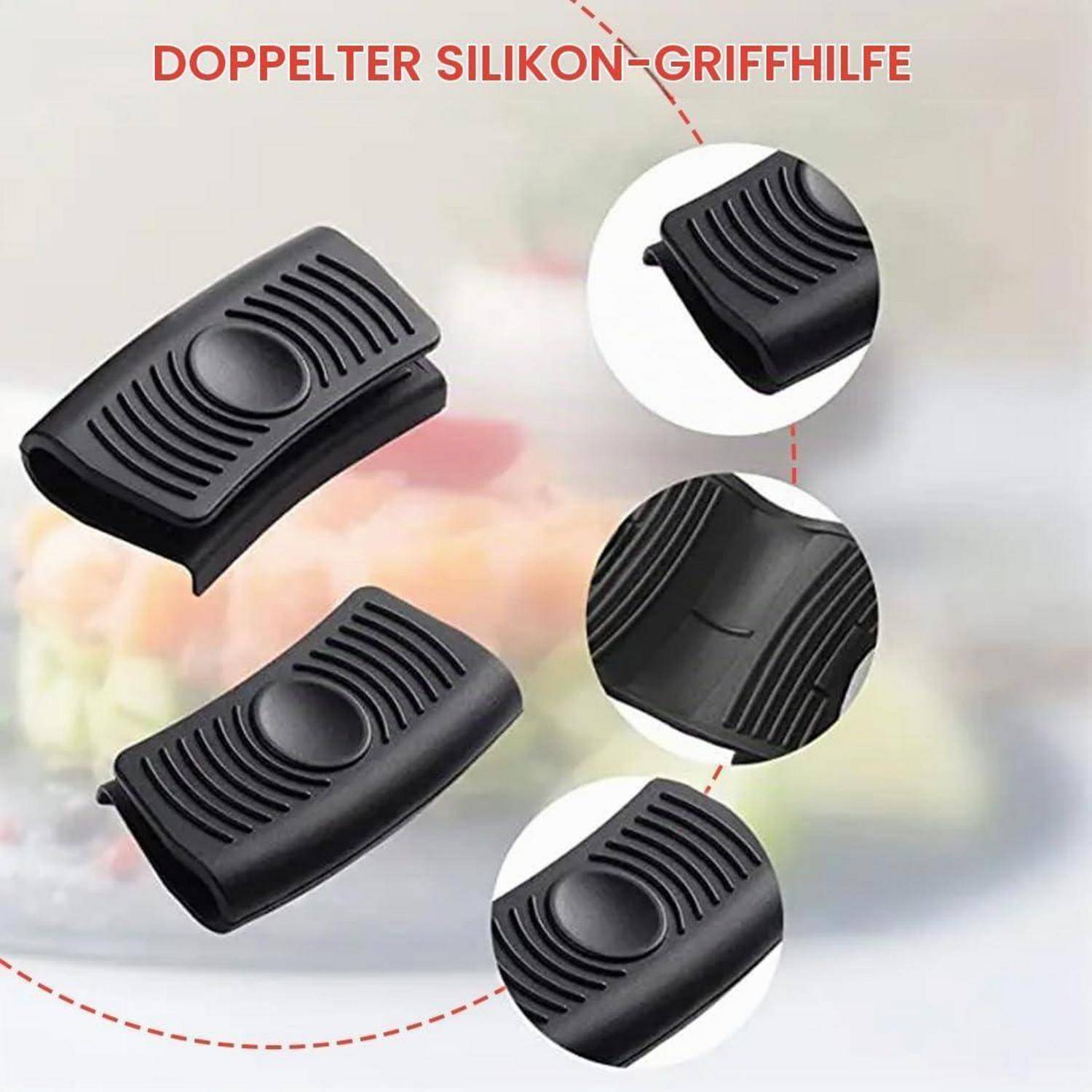 Produktanzeige, die einen schwarzen doppelten Silikongriffgriff zeigt, mit vergrößerten Detailaufnahmen, die sein strukturiertes, gebogenes Design hervorheben.