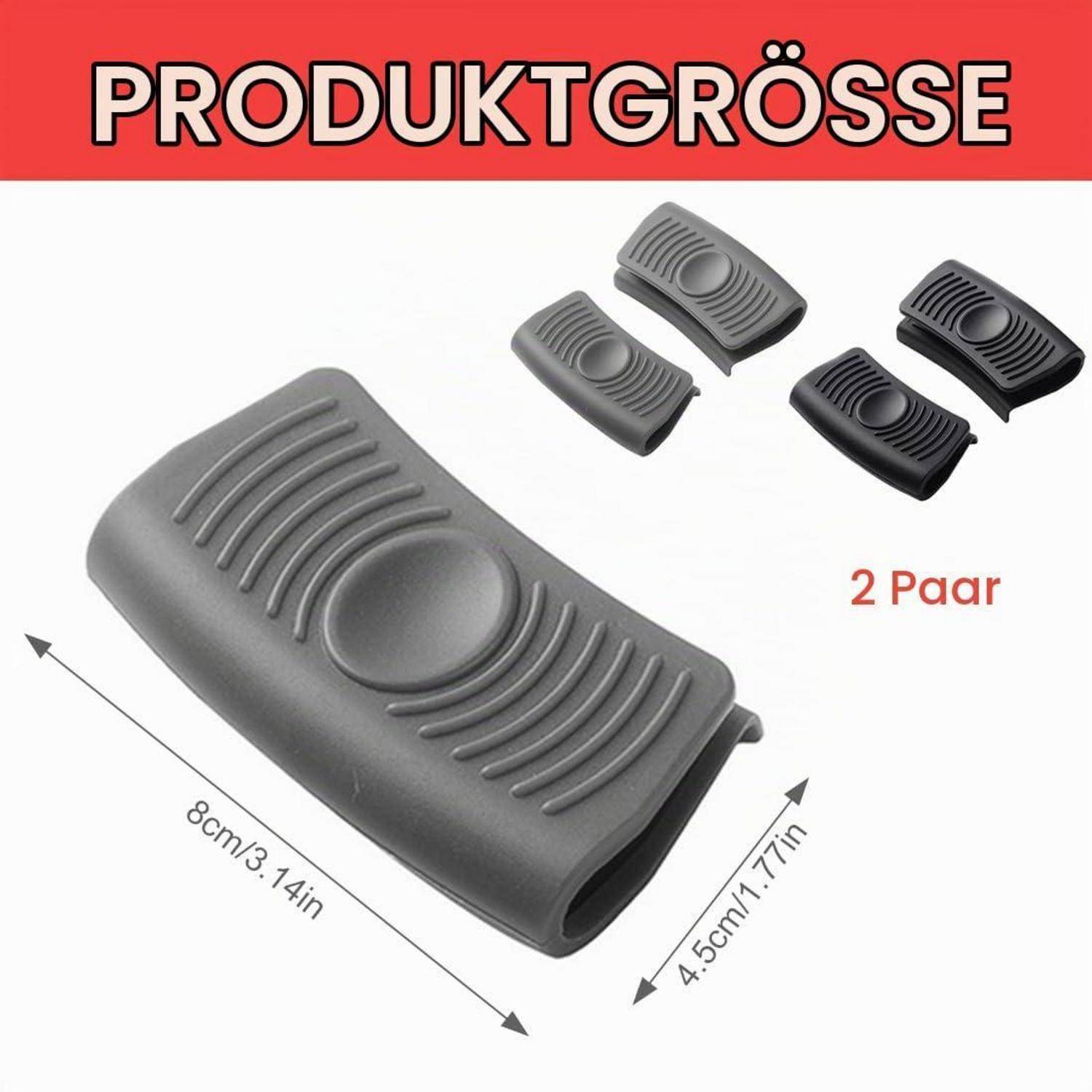 Produktgrößenabbildung zeigt ein graues clipartiges Zubehör, beschriftet mit 'PRODUKTGRÖSSE' und '2 Paar', mit Abmessungen von 8 cm mal 4,5 cm und zwei Farboptionen.