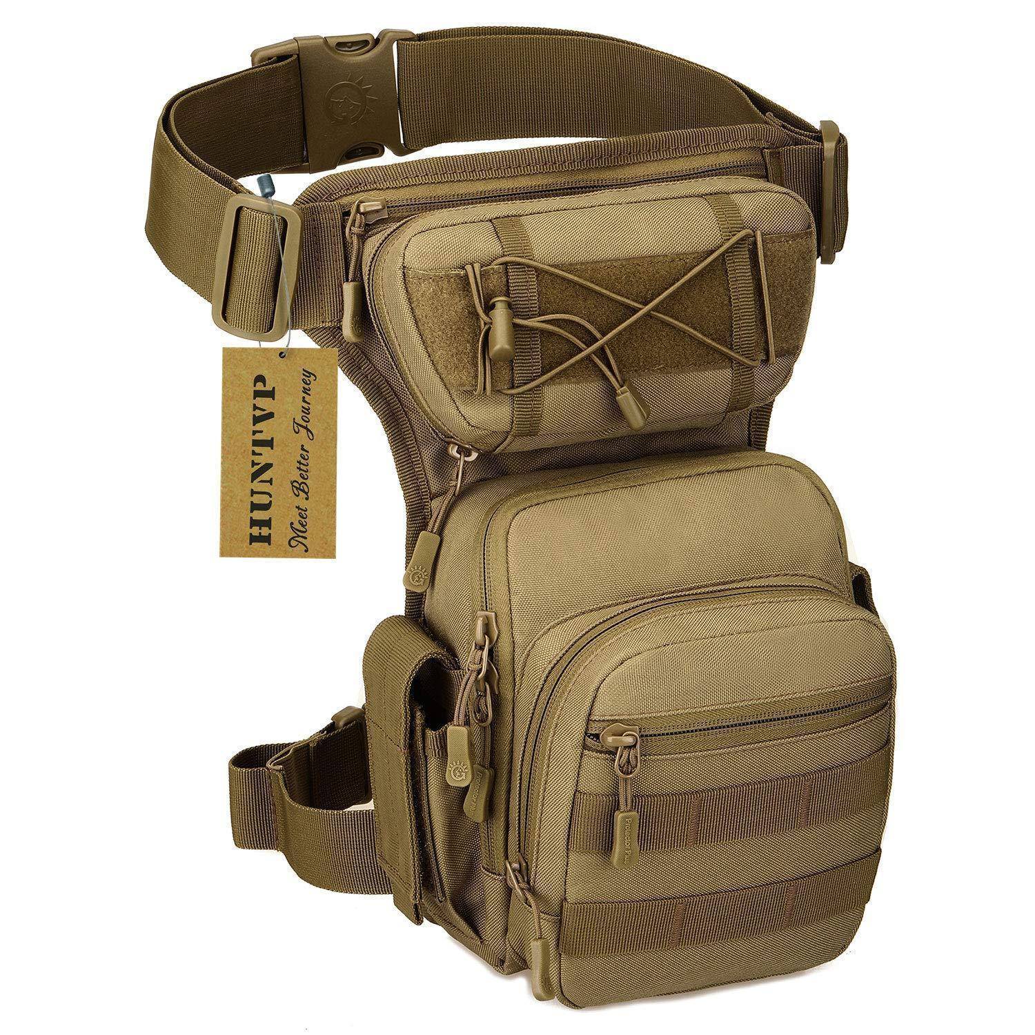 Tasche zum Umhängen an den Beinen in Tan-Farbe mit verstellbarem Hüftgurt und mehreren Reißverschlusstaschen, gezeigt auf weißem Hintergrund mit 