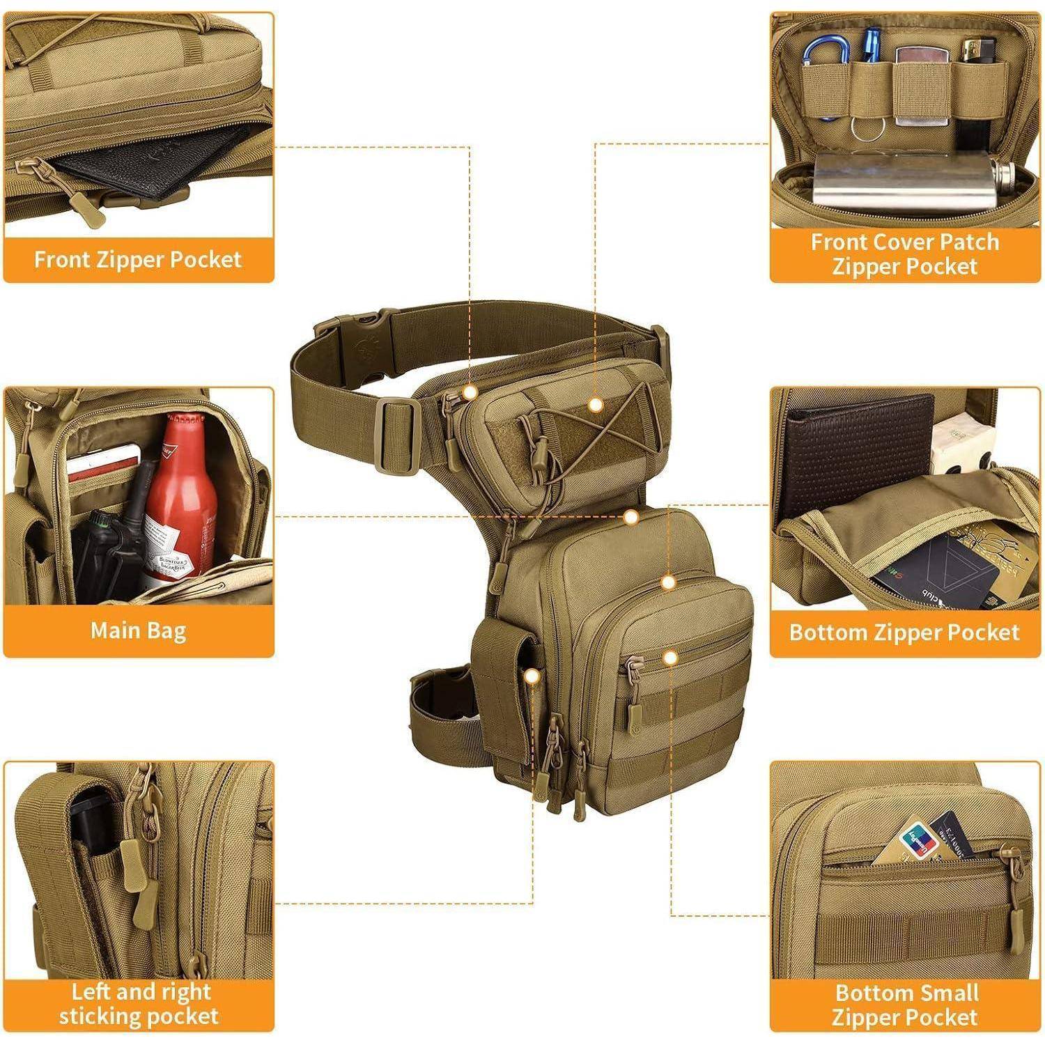 Illustration einer beige Hüfttasche mit beschrifteten Taschen und Fächern, die eine vordere Reißverschlusstasche, die Haupttasche, eine obere Patch-Reißverschlusstasche, untere Reißverschlusstaschen und seitliche aufgesetzte Taschen zeigt.