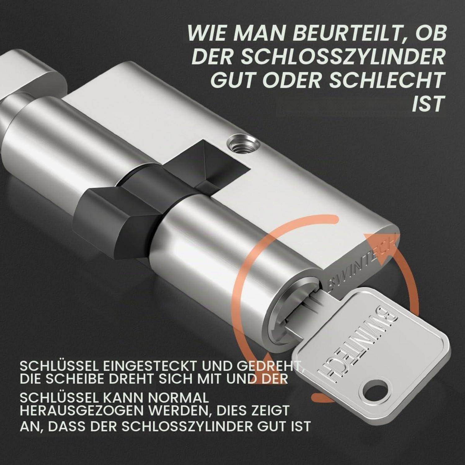 # Diagramm eines Schließzylinders mit eingeführtem und gedrehtem Schlüssel, das zeigt, dass der Zylinder als funktionsfähig gilt, wenn der Schlüssel während der Rotation entfernt werden kann; deutscher Text erklärt diesen Test.