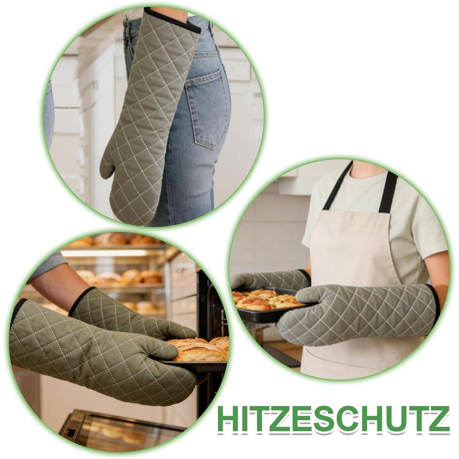 Collage mit gesteppten grünen Ofenhandschuhen, die Hände beim Umgang mit heißen Blechen und beim Backen schützen, mit dem Wort „HITZESCHUTZ