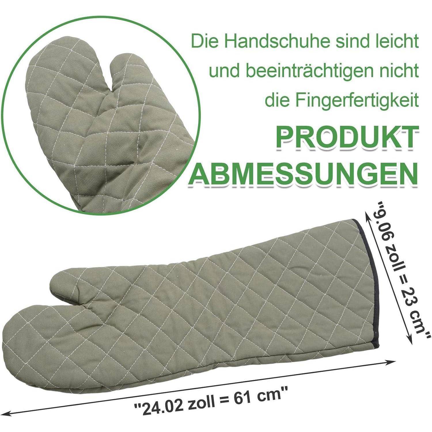 Gesteppte grüne Ofenhandschuhe Maße und Eigenschaften: 'Produktabmessungen'; Handschuhe sind leicht und beeinträchtigen die Fingerfertigkeit nicht; 61 cm lang, 23 cm breit.