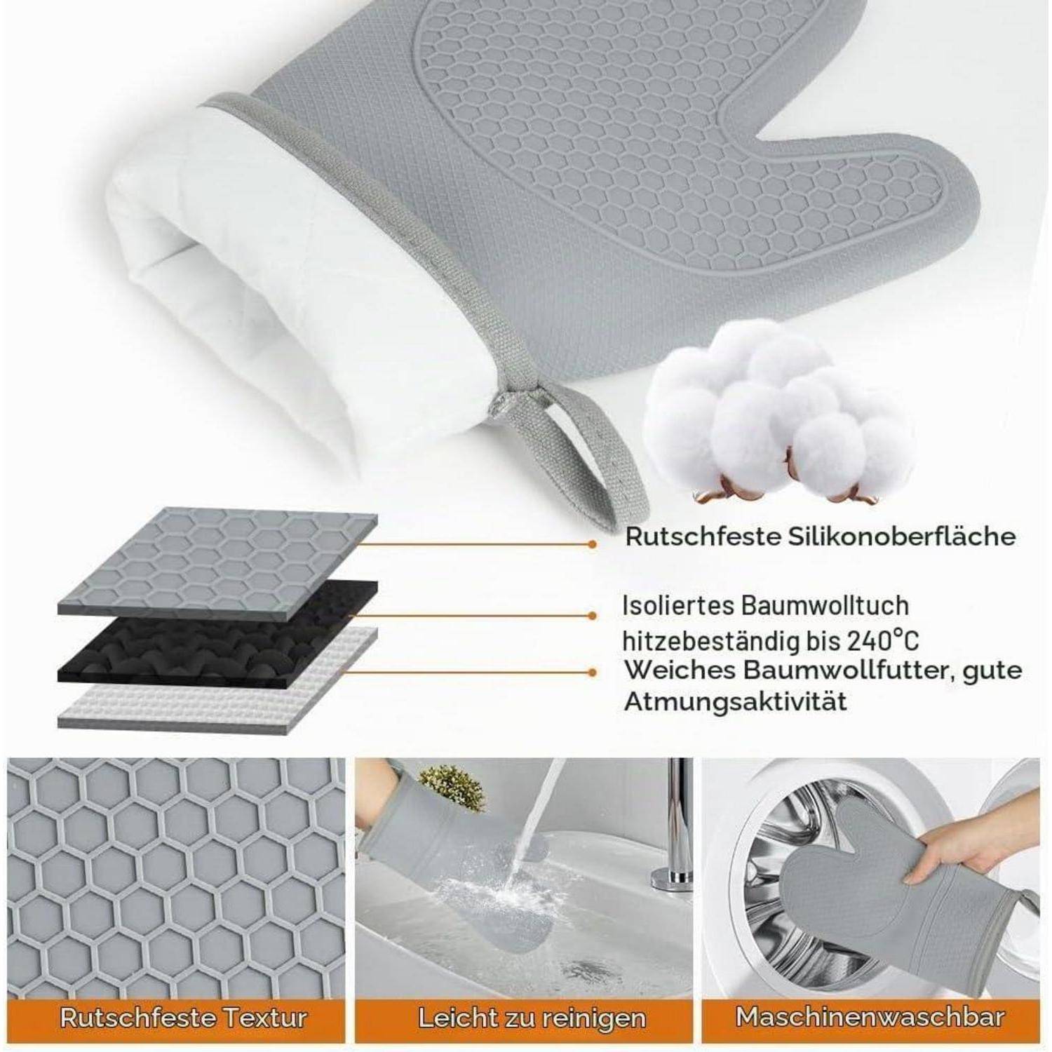 Graue hitzebeständige Ofenhandschuh mit Silikongriff und Baumwollfutter, gezeigt mit gekennzeichneten Materialschichten und Merkmalen: rutschfeste Textur, leicht zu reinigen, maschinenwäschbar.