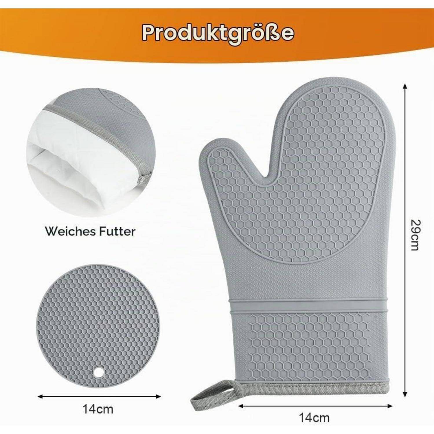 Produktgrößengrafik für einen grauen Ofenhandschuh mit 
