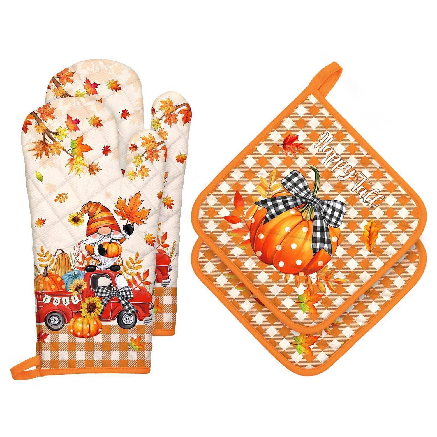 Ofenhandschuh und Topflappen 4er-Set Baumwolle Herbst Wichtel