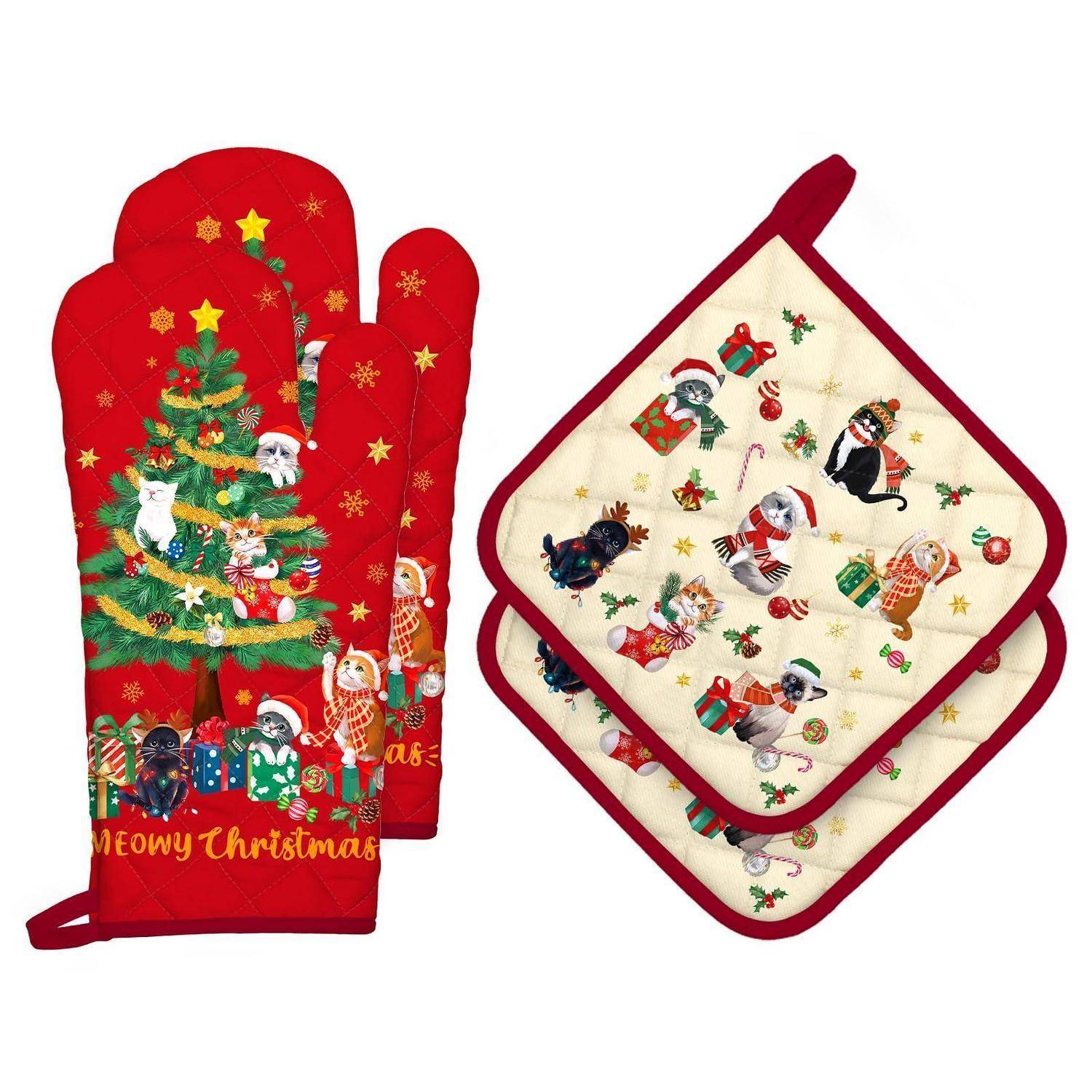 Weihnachtsthematische Ofenhandschuhe und Topflappen mit Katzenillustrationen, ein roter Handschuh mit der Aufschrift „Meowy Christmas