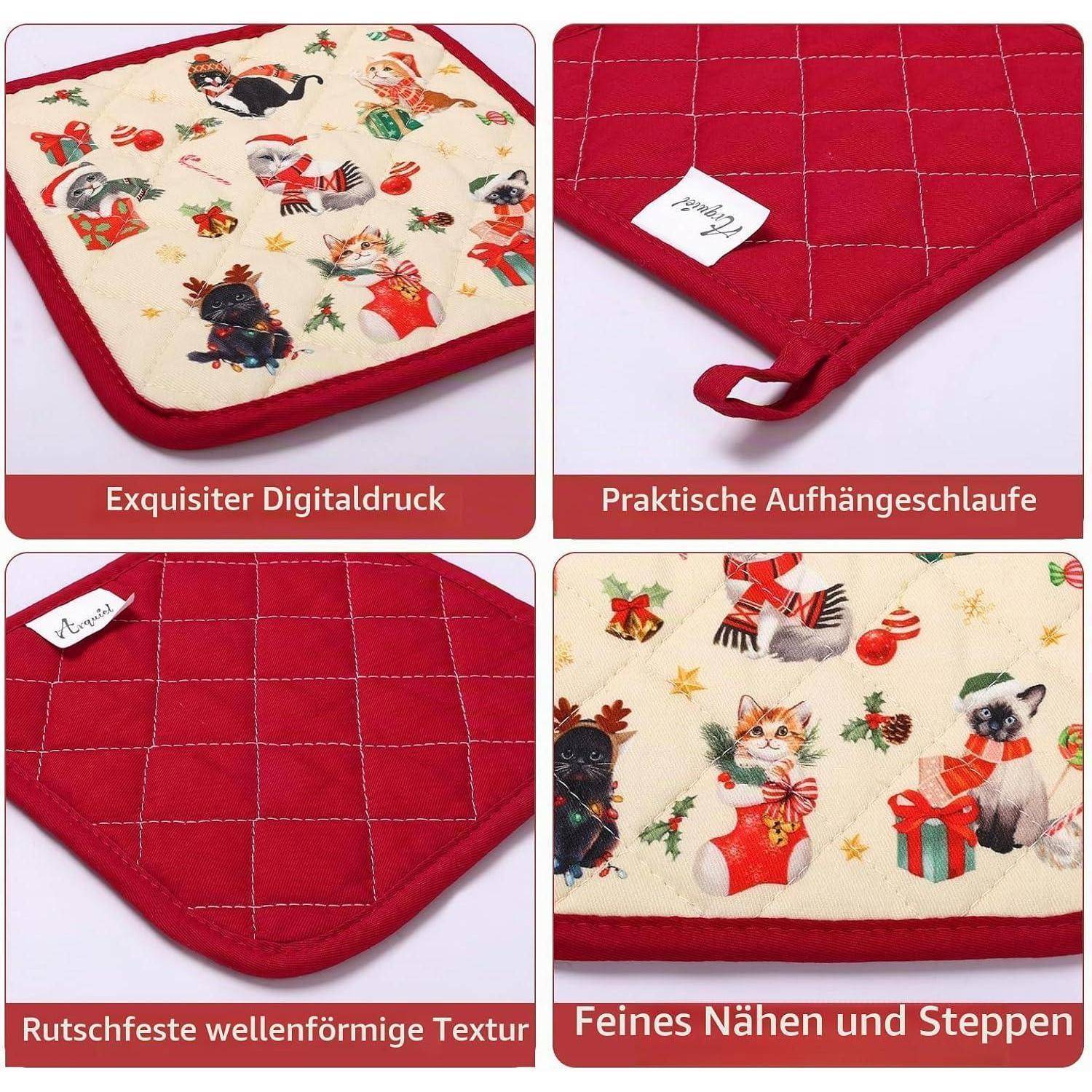 Ofenhandschuh und Topflappen 2er-Set Baumwolle Weihnachten Katze