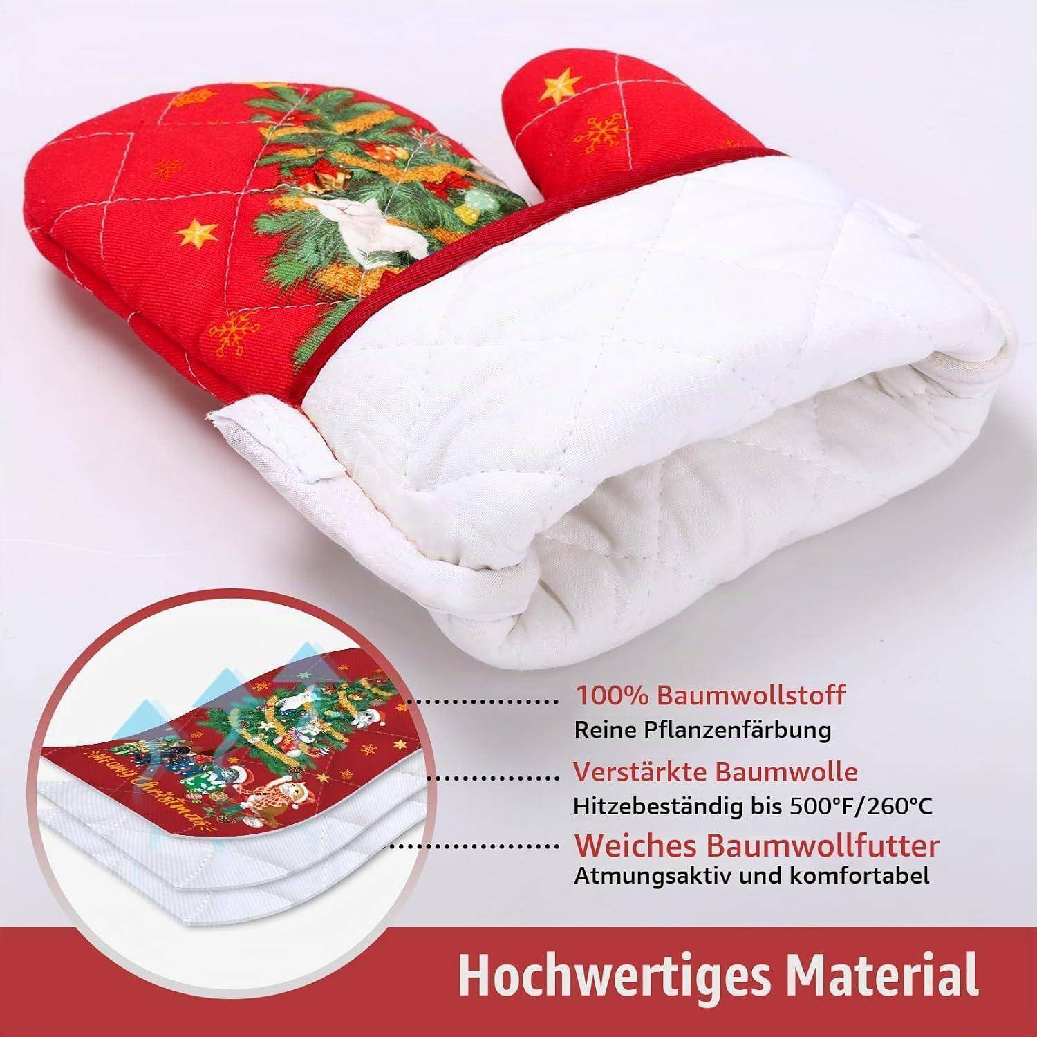 Ofenhandschuh und Topflappen 2er-Set Baumwolle Weihnachten Katze