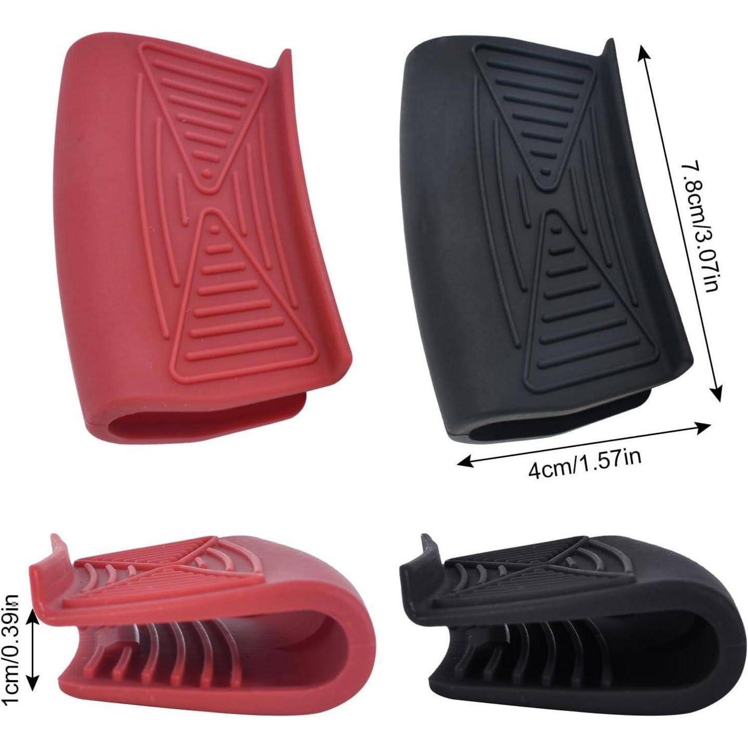 Rot- und schwarze Silikonkabelclips von vorne und von der Seite gezeigt, mit beschrifteten Abmessungen von 7,8 cm x 4 cm und 1 cm Dicke.
