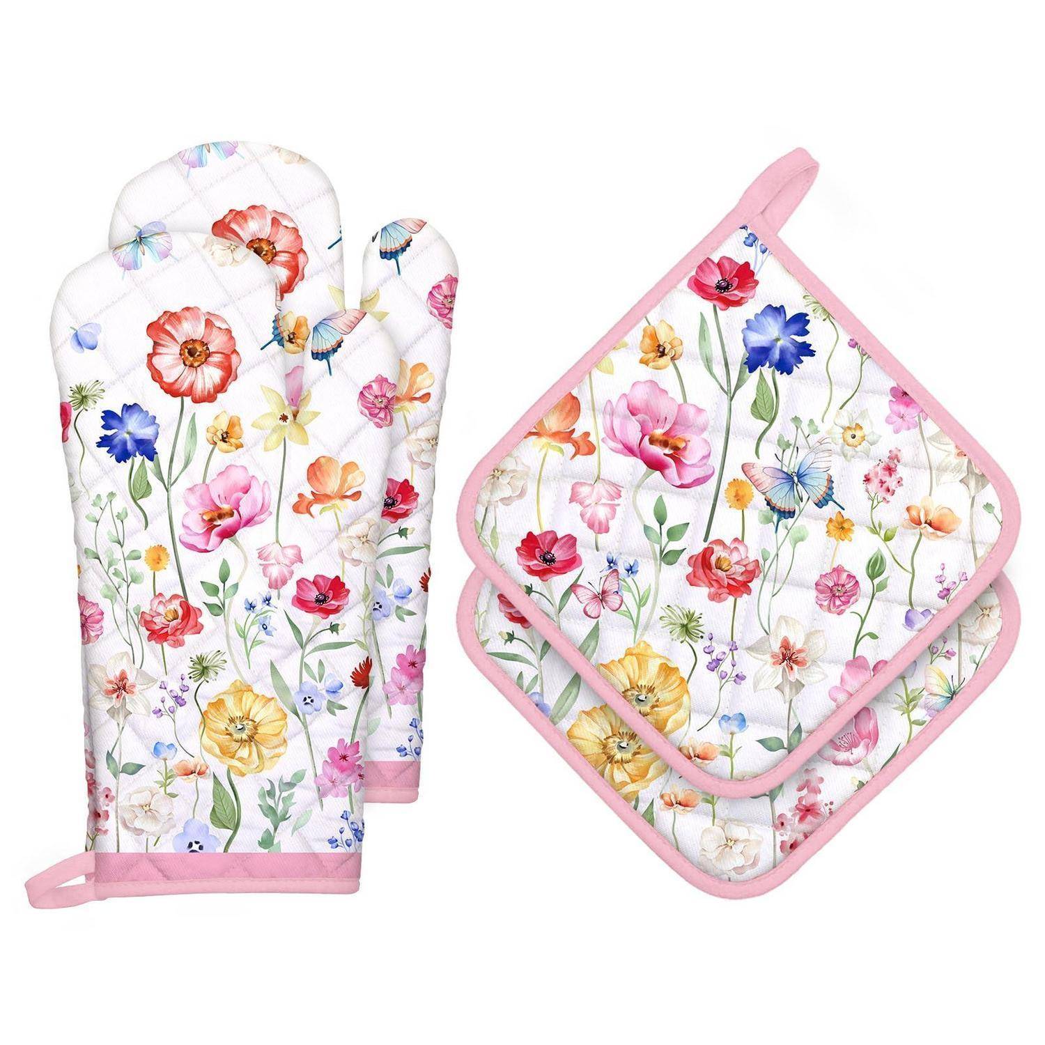 Ofenhandschuh & Topflappen Set 4tlg. 100% Baumwolle Blumenmuster