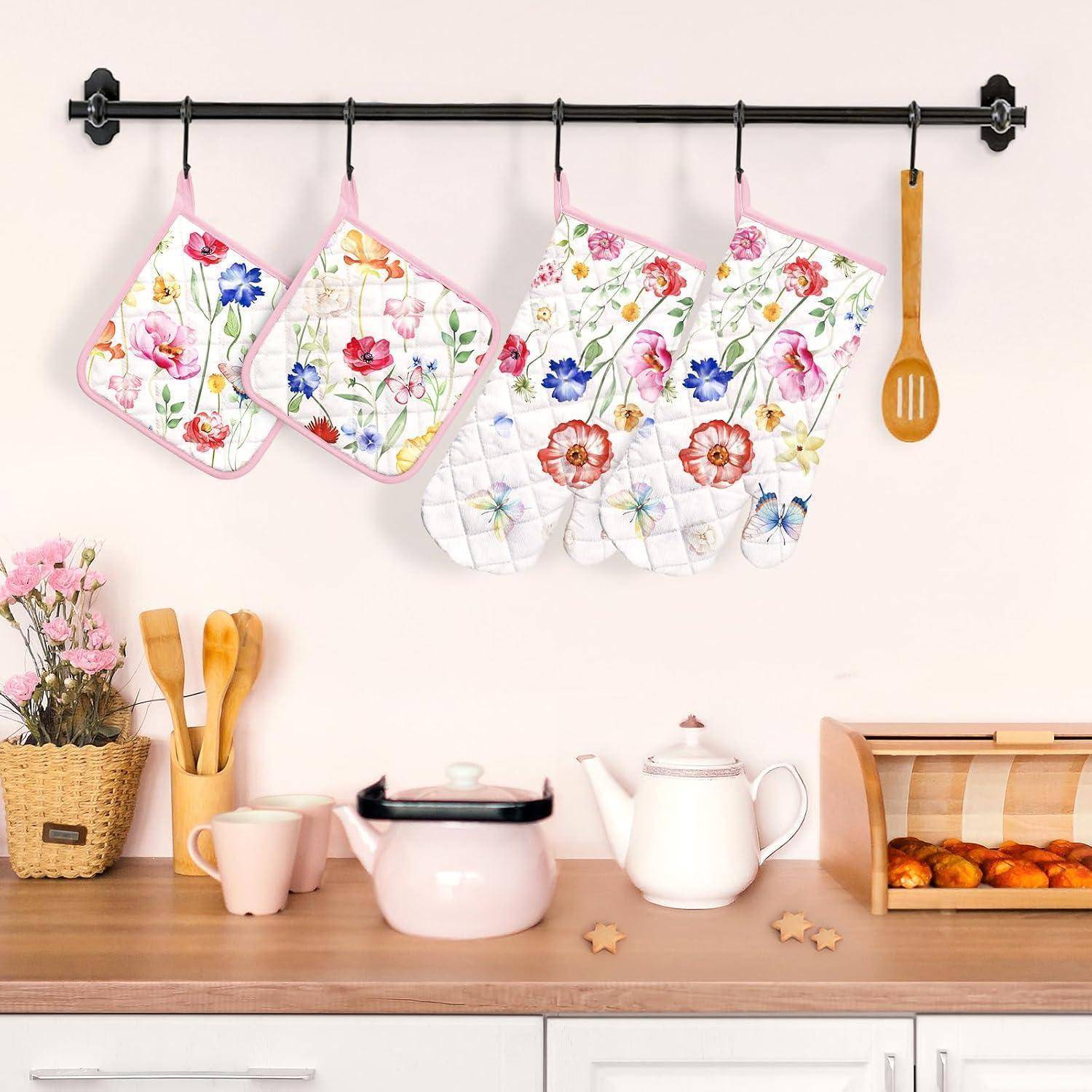 Ofenhandschuh & Topflappen Set 4tlg. 100% Baumwolle Blumenmuster