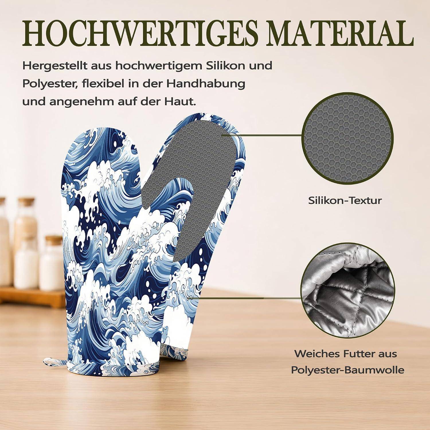 Werbegrafik von blau-weißen Ofenhandschuhen mit der Bezeichnung „Hochwertiges Material