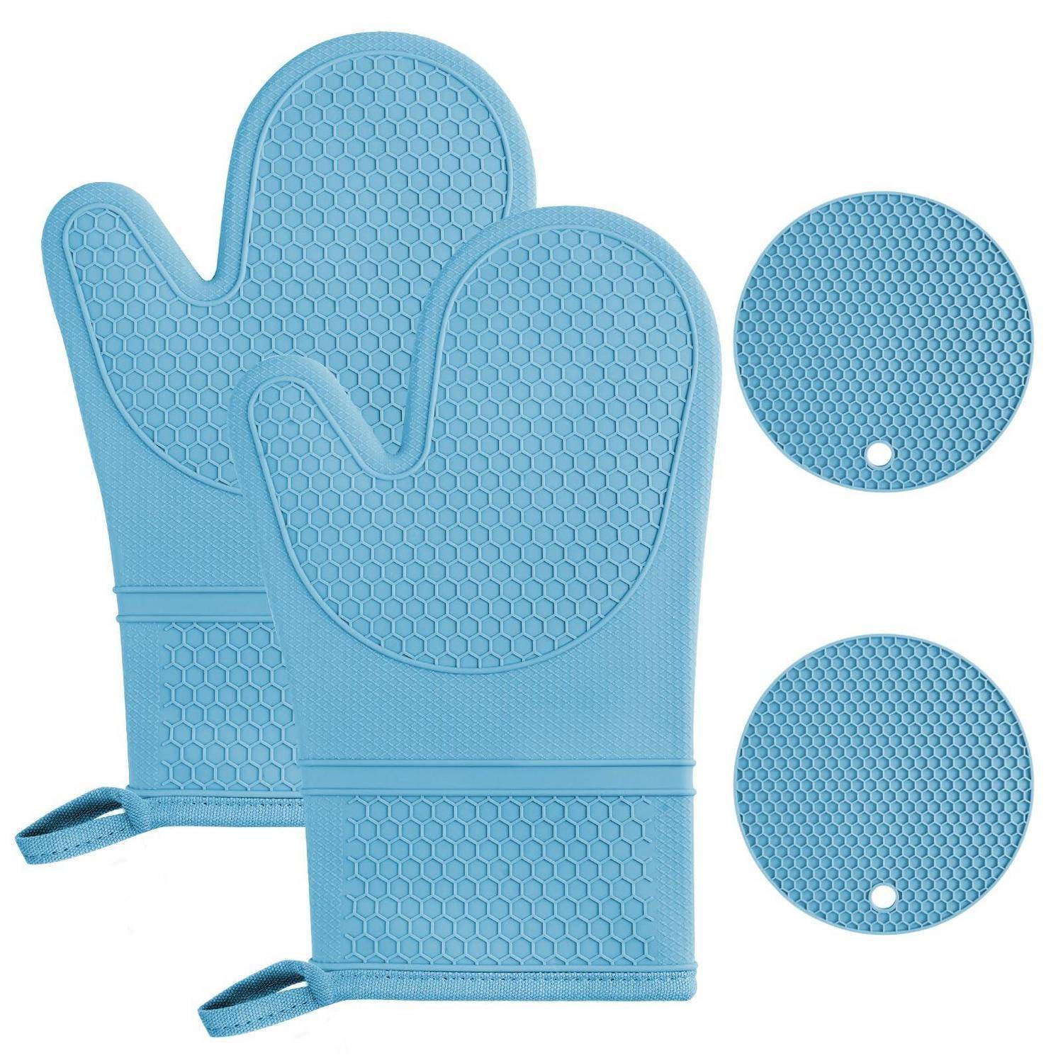 AUAUY Silikon Ofenhandschuhe Set 2 Stück mit 2 Topflappen Hitzebeständig Blau