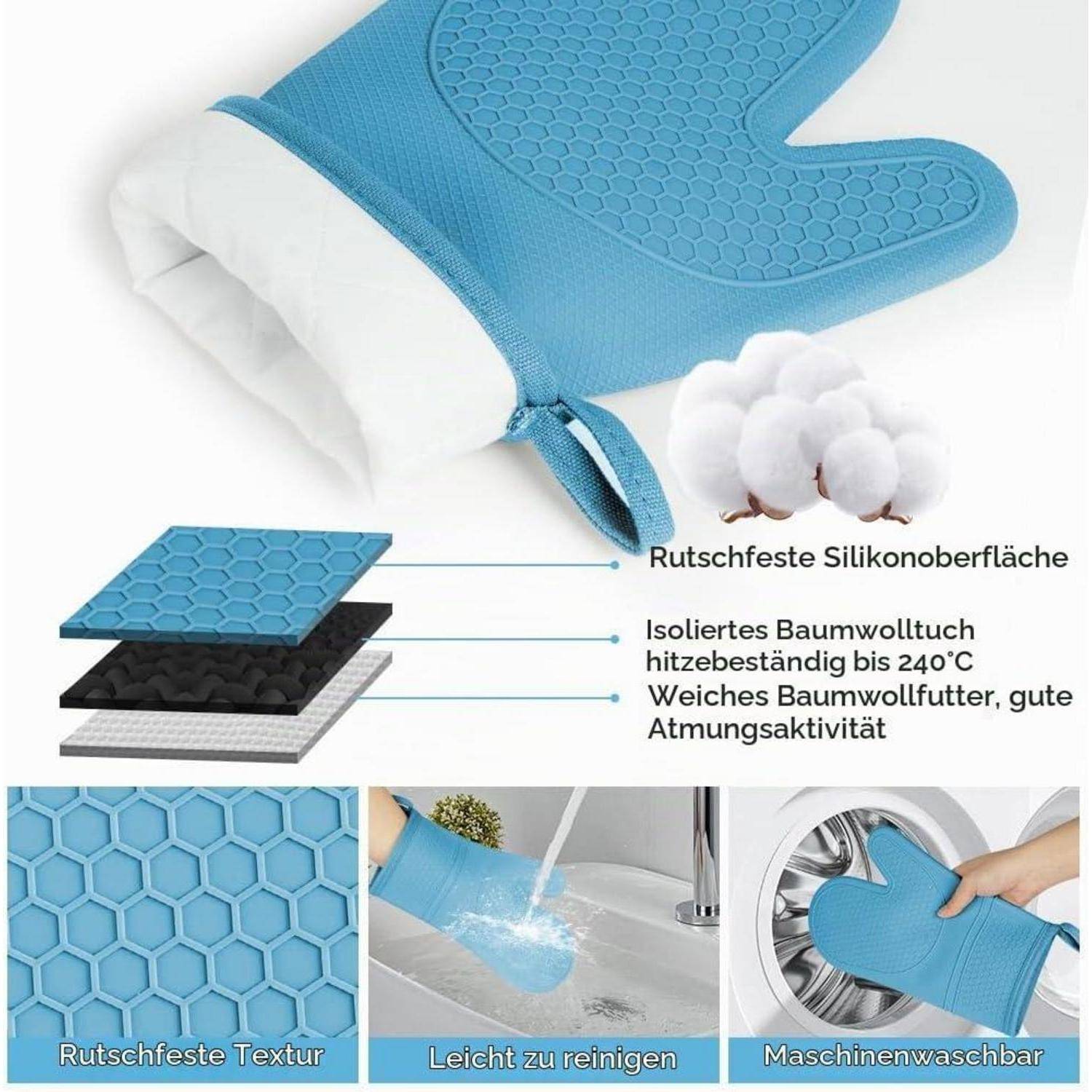 AUAUY Silikon Ofenhandschuhe Set 2 Stück mit 2 Topflappen Hitzebeständig Blau