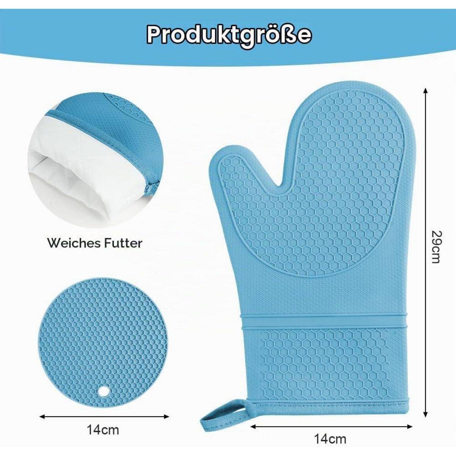 AUAUY Silikon Ofenhandschuhe Set 2 Stück mit 2 Topflappen Hitzebeständig Blau