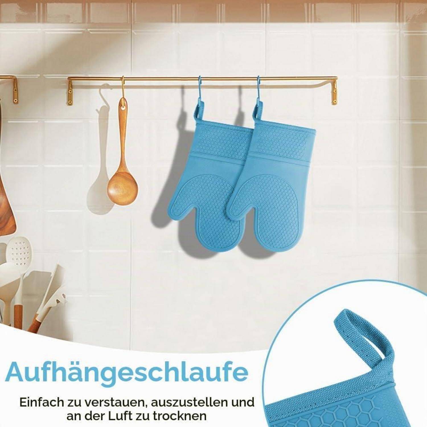 AUAUY Silikon Ofenhandschuhe Set 2 Stück mit 2 Topflappen Hitzebeständig Blau