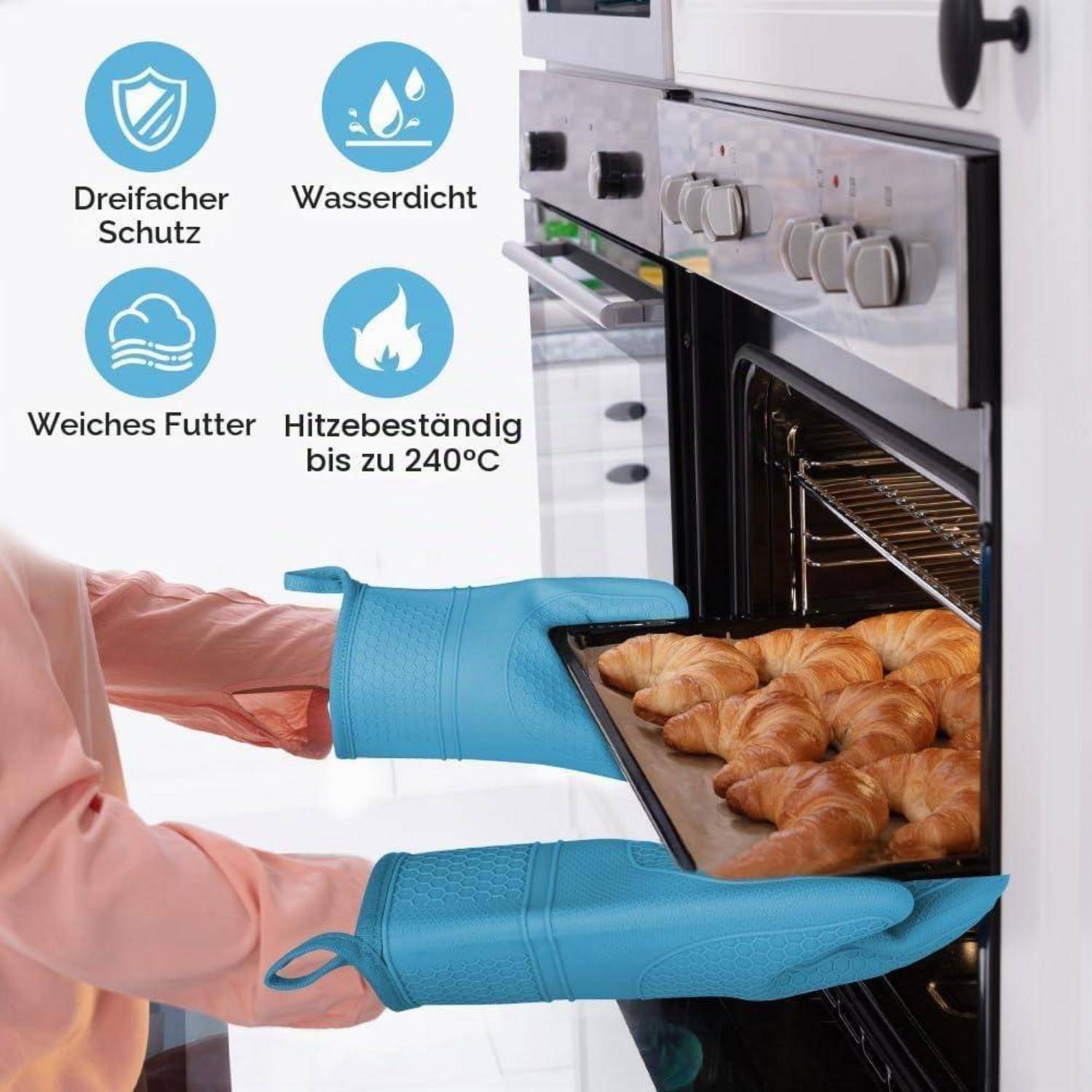 AUAUY Silikon Ofenhandschuhe Set 2 Stück mit 2 Topflappen Hitzebeständig Blau