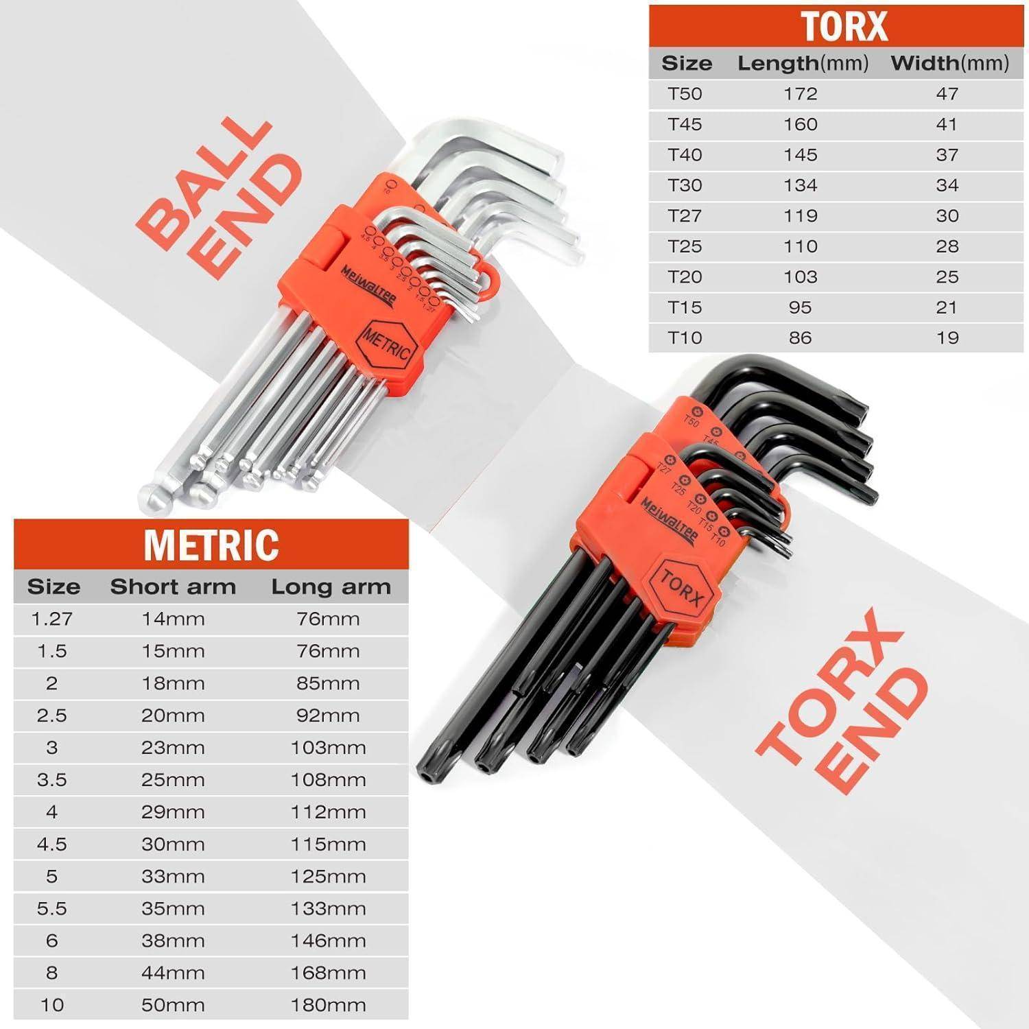 Meiwaltee 22-teiliger Inbusschlüsselsatz Metrisch & Torx Cr-V Stahl