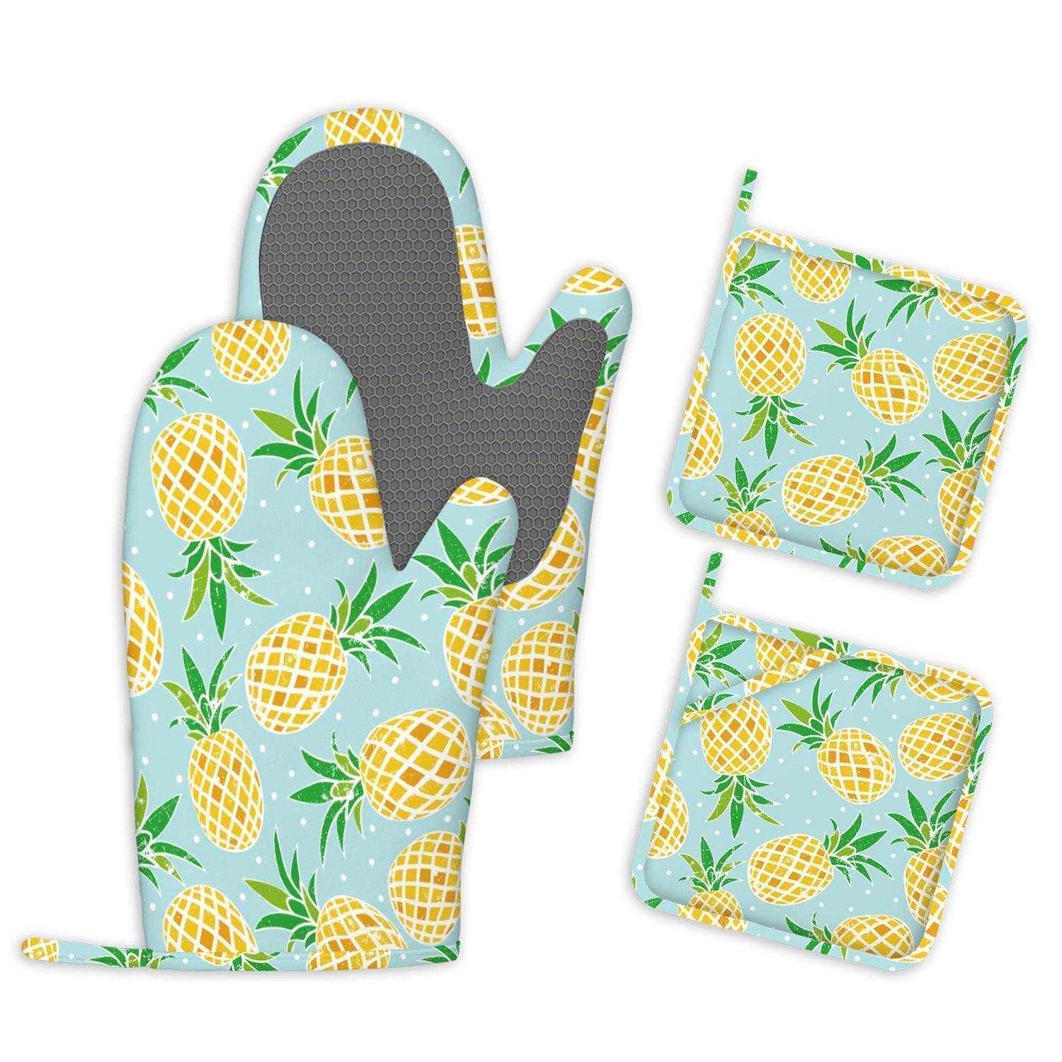 Ofenhandschuhe und Topflappen 4er Set Silikon Hitzebeständig Rutschfest Ananas