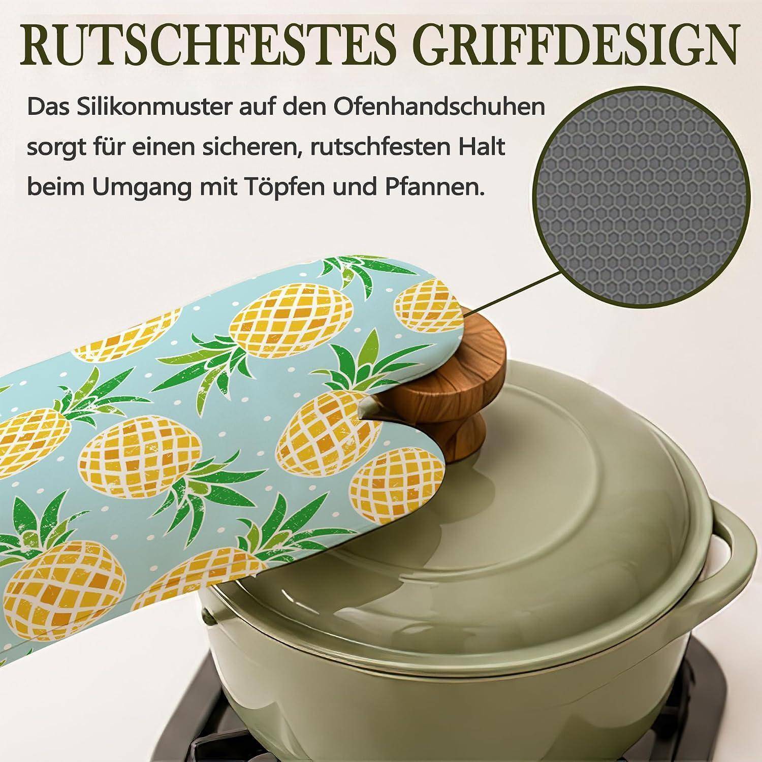 Ofenhandschuhe und Topflappen 4er Set Silikon Hitzebeständig Rutschfest Ananas