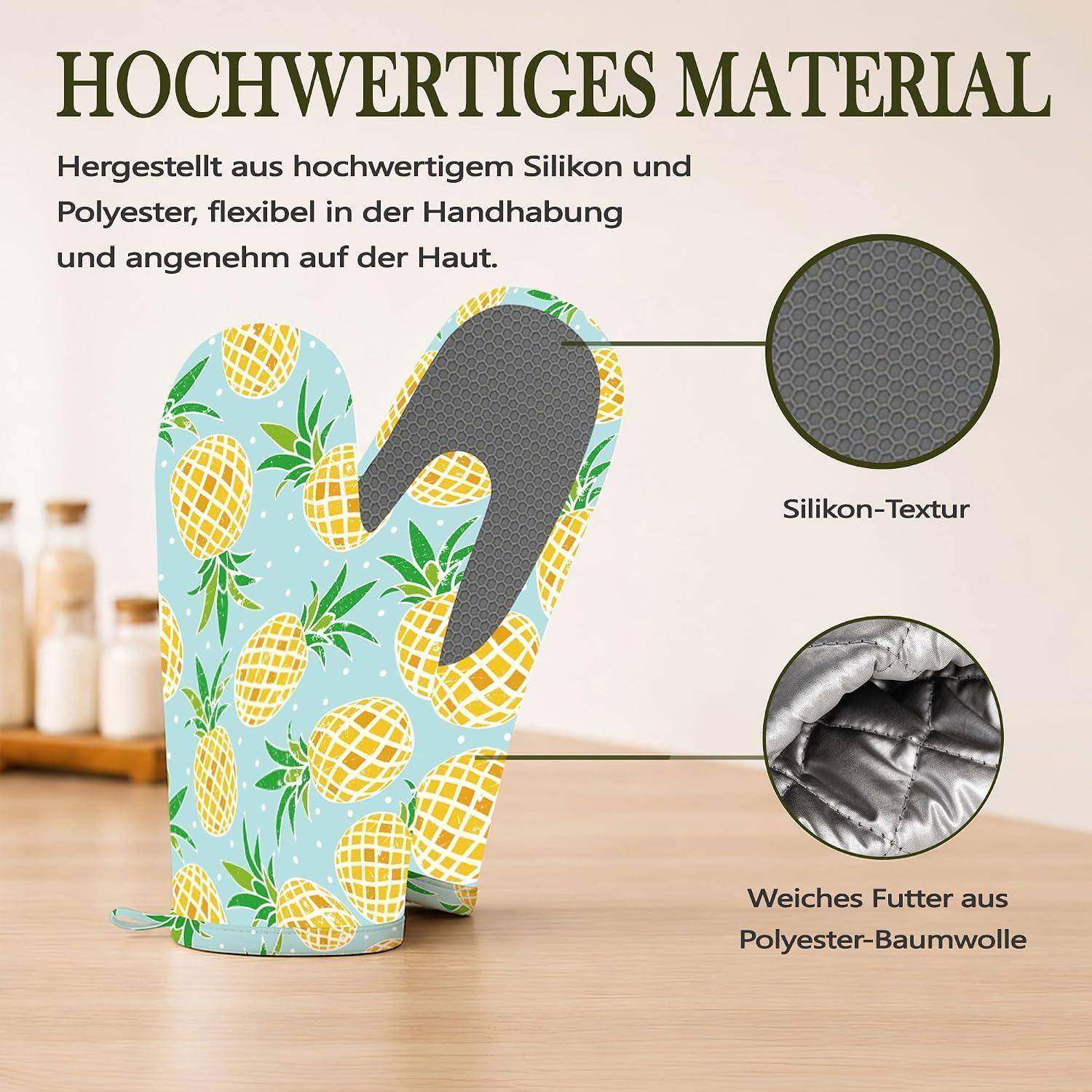 Ofenhandschuhe und Topflappen 4er Set Silikon Hitzebeständig Rutschfest Ananas