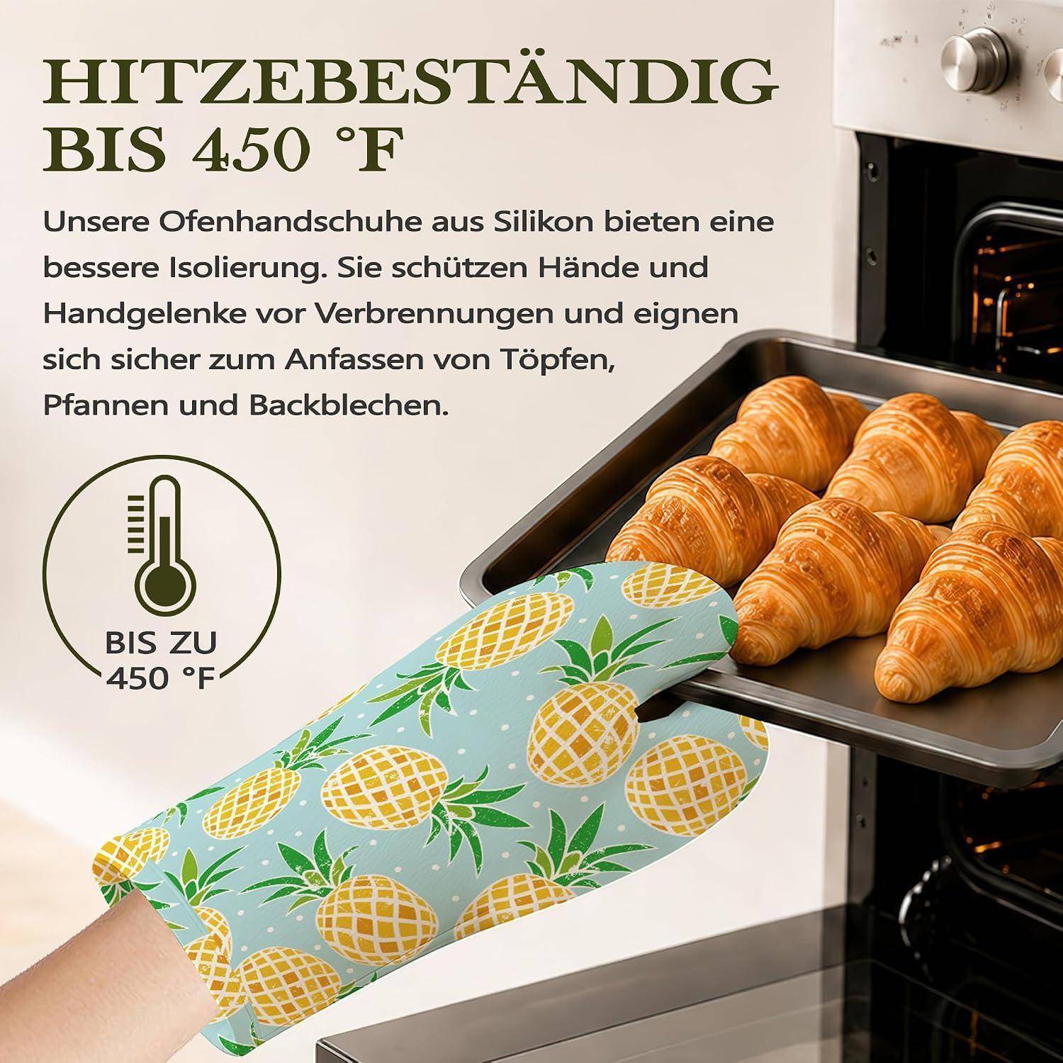 Ofenhandschuhe und Topflappen 4er Set Silikon Hitzebeständig Rutschfest Ananas