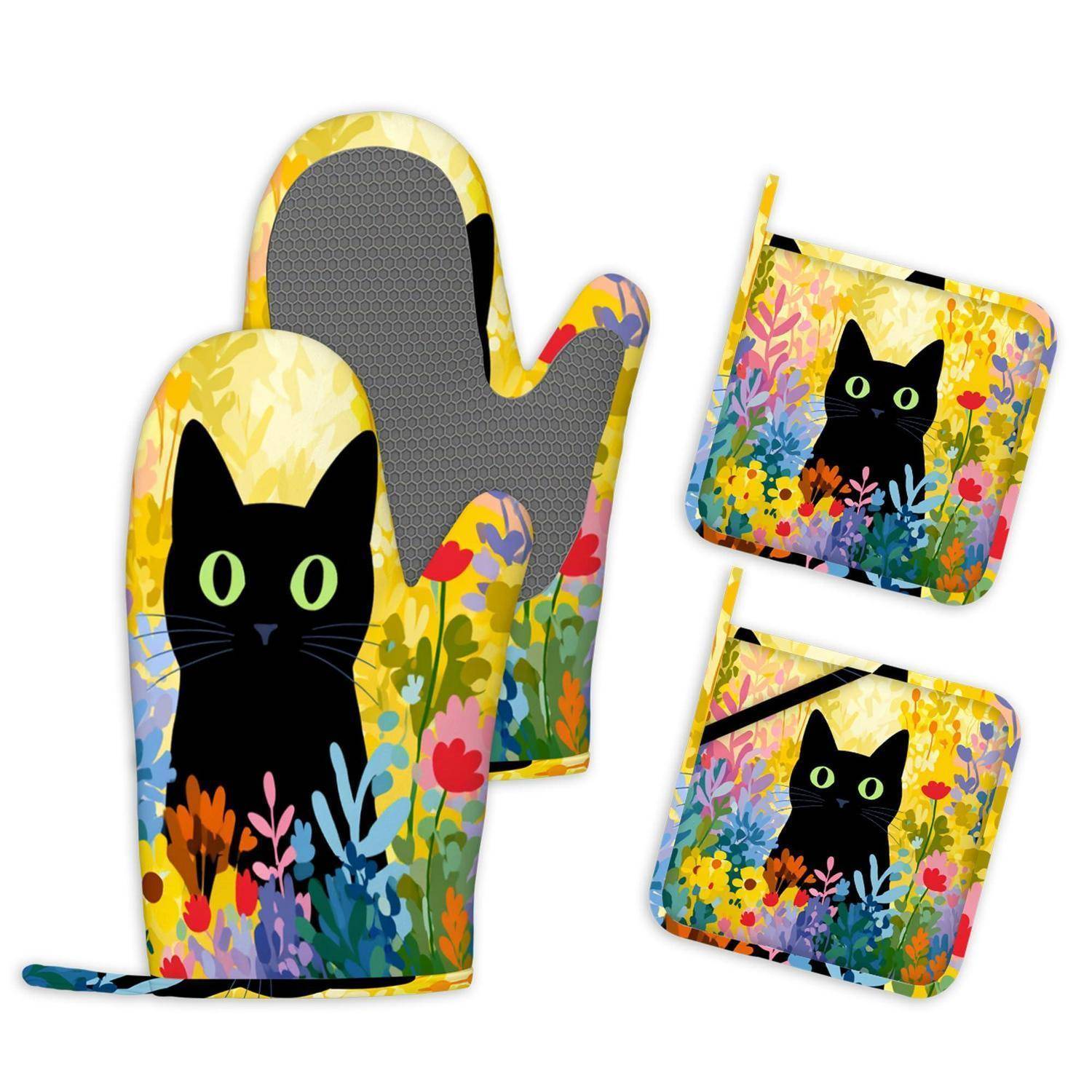 Ofenhandschuhe Topflappen 4er Set Katze Blume Hitzebeständig Silikon