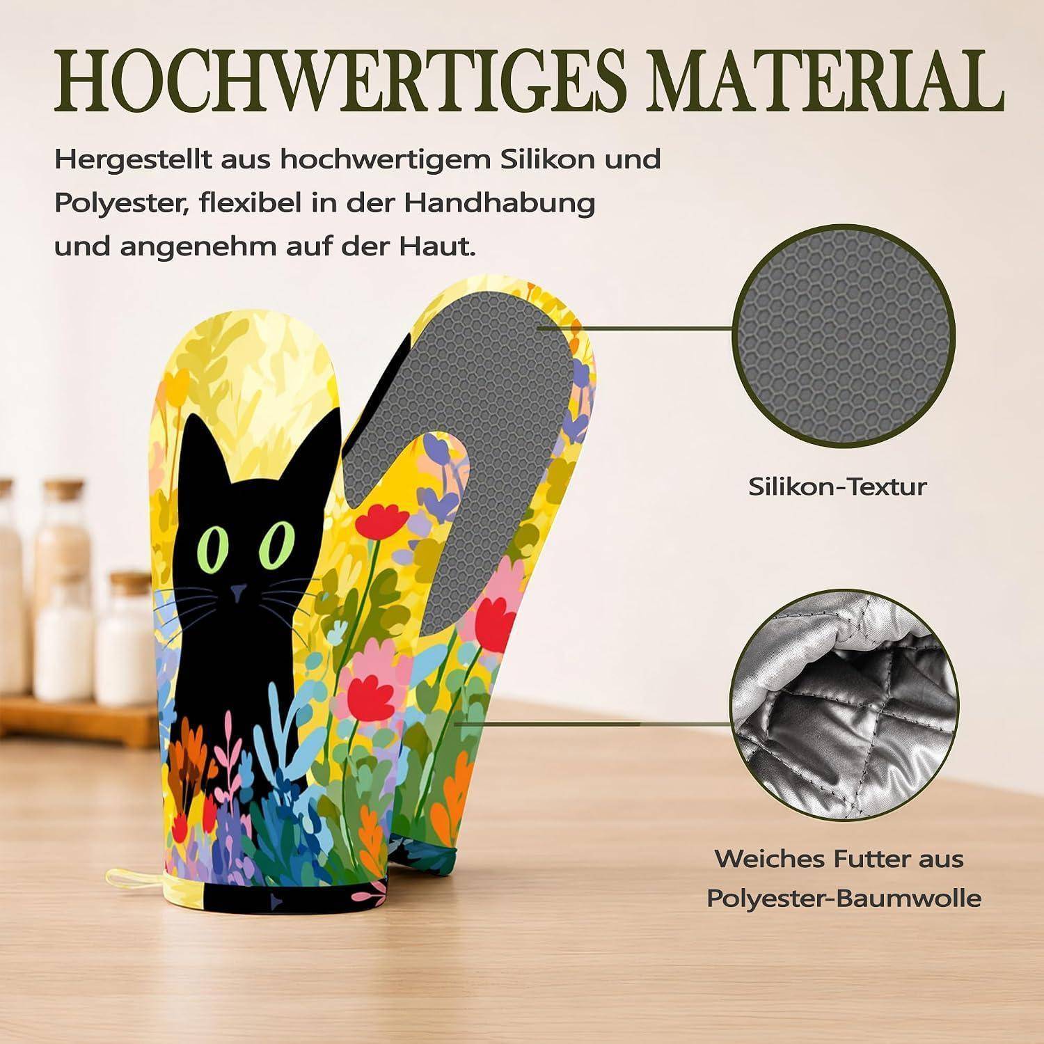 Deutsches Produktgrafik eines katzenthematischen Ofenhandschuh-Sets, das 