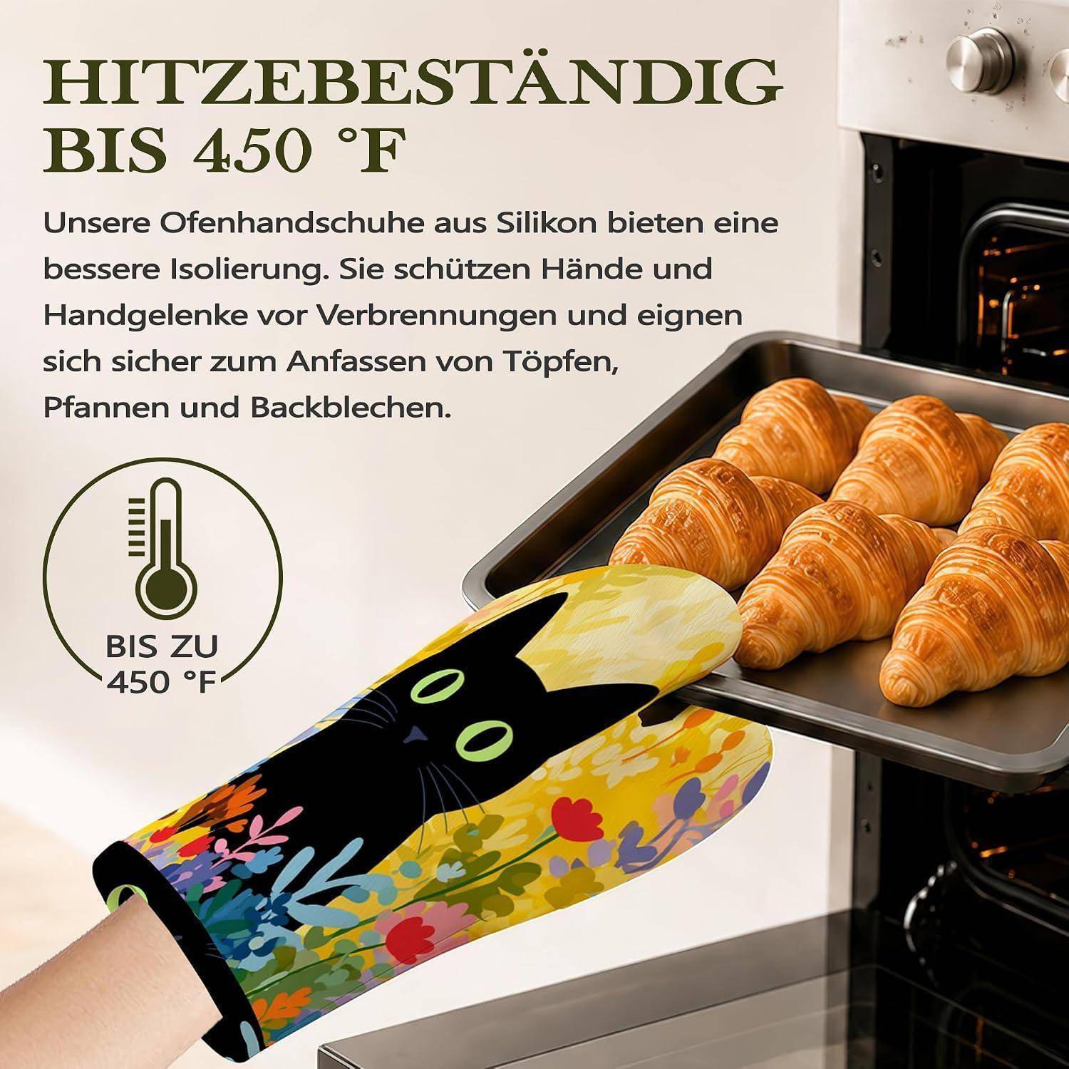 Ofenhandschuhe Topflappen 4er Set Katze Blume Hitzebeständig Silikon