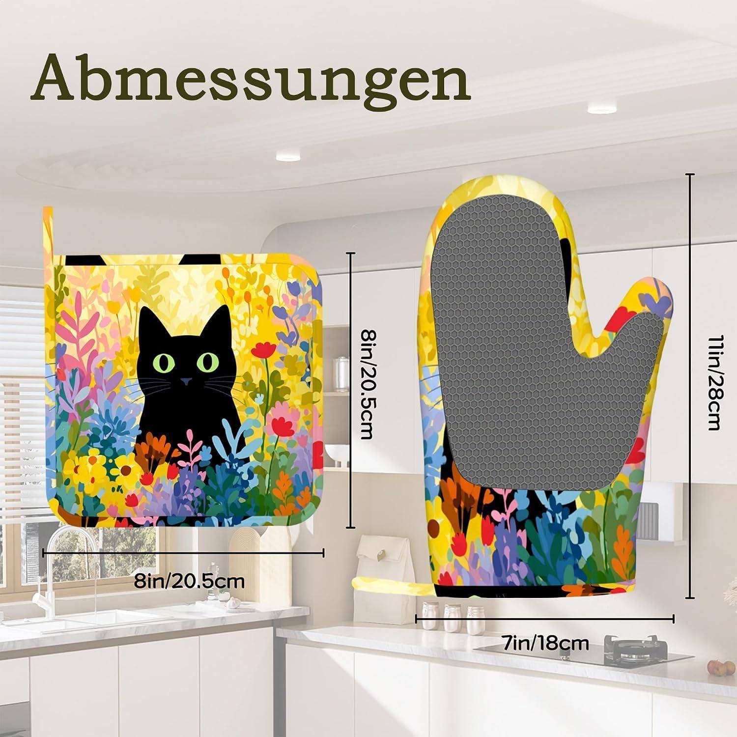 Ofenhandschuhe Topflappen 4er Set Katze Blume Hitzebeständig Silikon