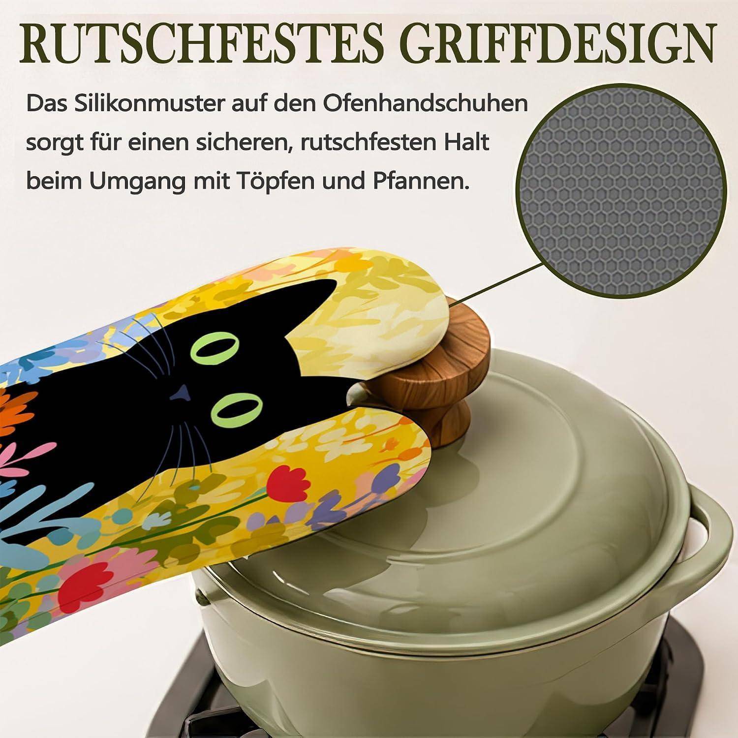Ofenhandschuhe Topflappen 4er Set Katze Blume Hitzebeständig Silikon